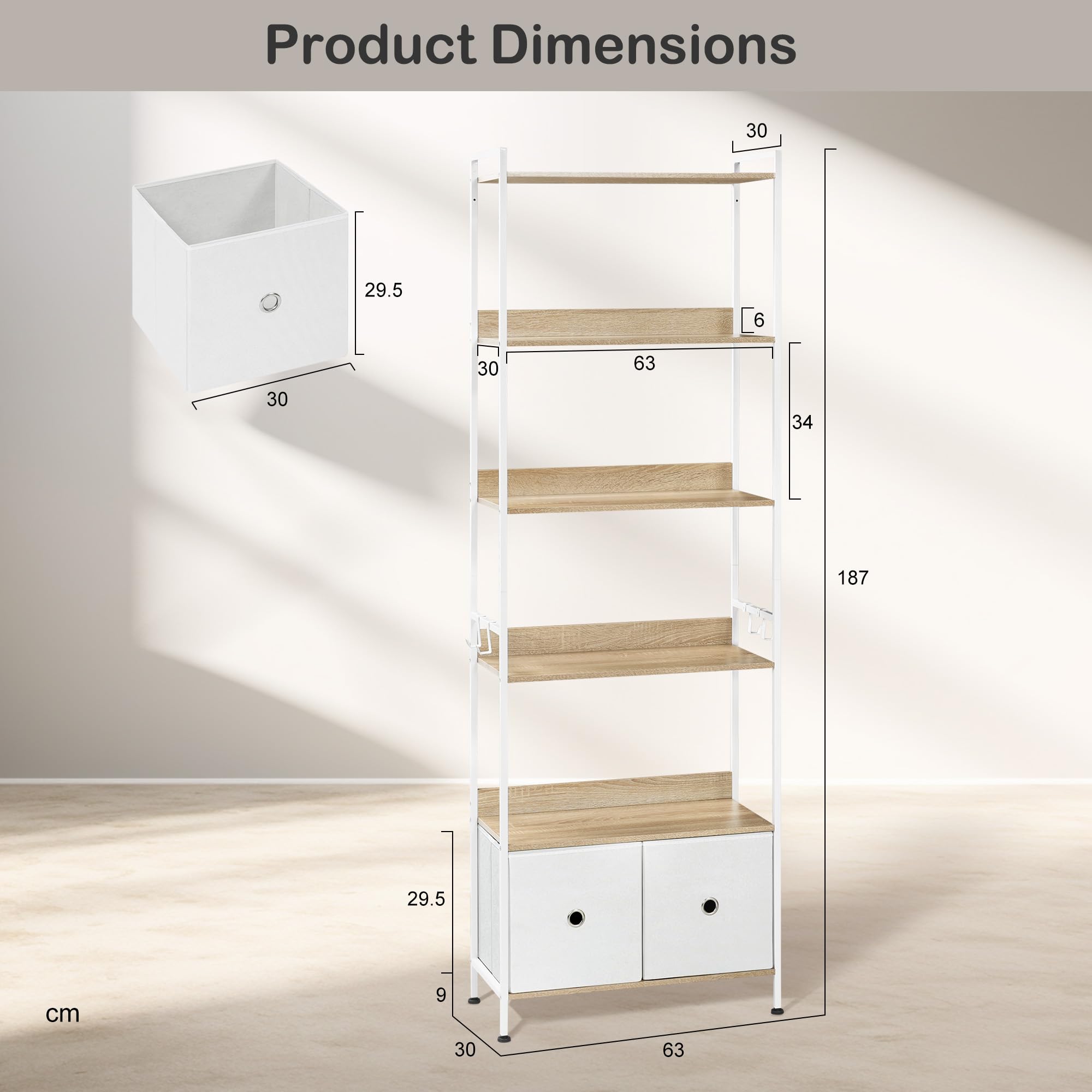 WOLTU Libreria a 5 Piani con 2 Cassetti, Scaffale di Stoccaggio a Pavimento, Moderno, Struttura in Acciaio, Soggiorno/Ufficio/Studio/Cucina/Camera da Letto, Rovere Chiaro+Bianco, RGB62whe