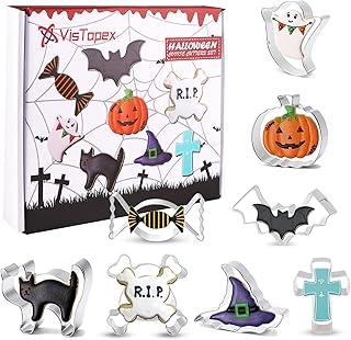 Halloween Cookie Cutters Set, 8 Pcs Stainless Steel Biscuit Cutters with Gift Box, Pumpkin, Cat, Candy, Ghost, Bat, Witch ...