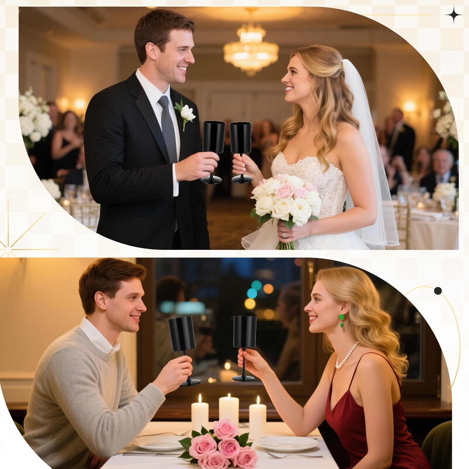 Domensi 20 Pcs 12 oz Large Black Plastic Champagne Flutes, Plastic Wine Goblet for Valentine's Day Black Wine Glasses, Reusable High Stem Drinking Glasses for Valentine's Day Wedding Parties - Image 5