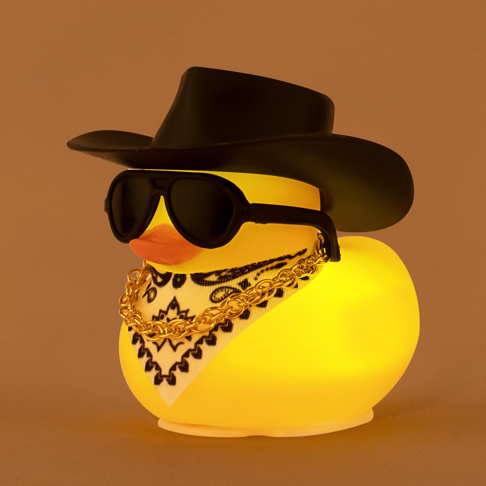 wonuu Rubber Duck with Light Glowing Rubber Ducks with Sunglasses Bandana Gold Chain Cowboy Hat, Black