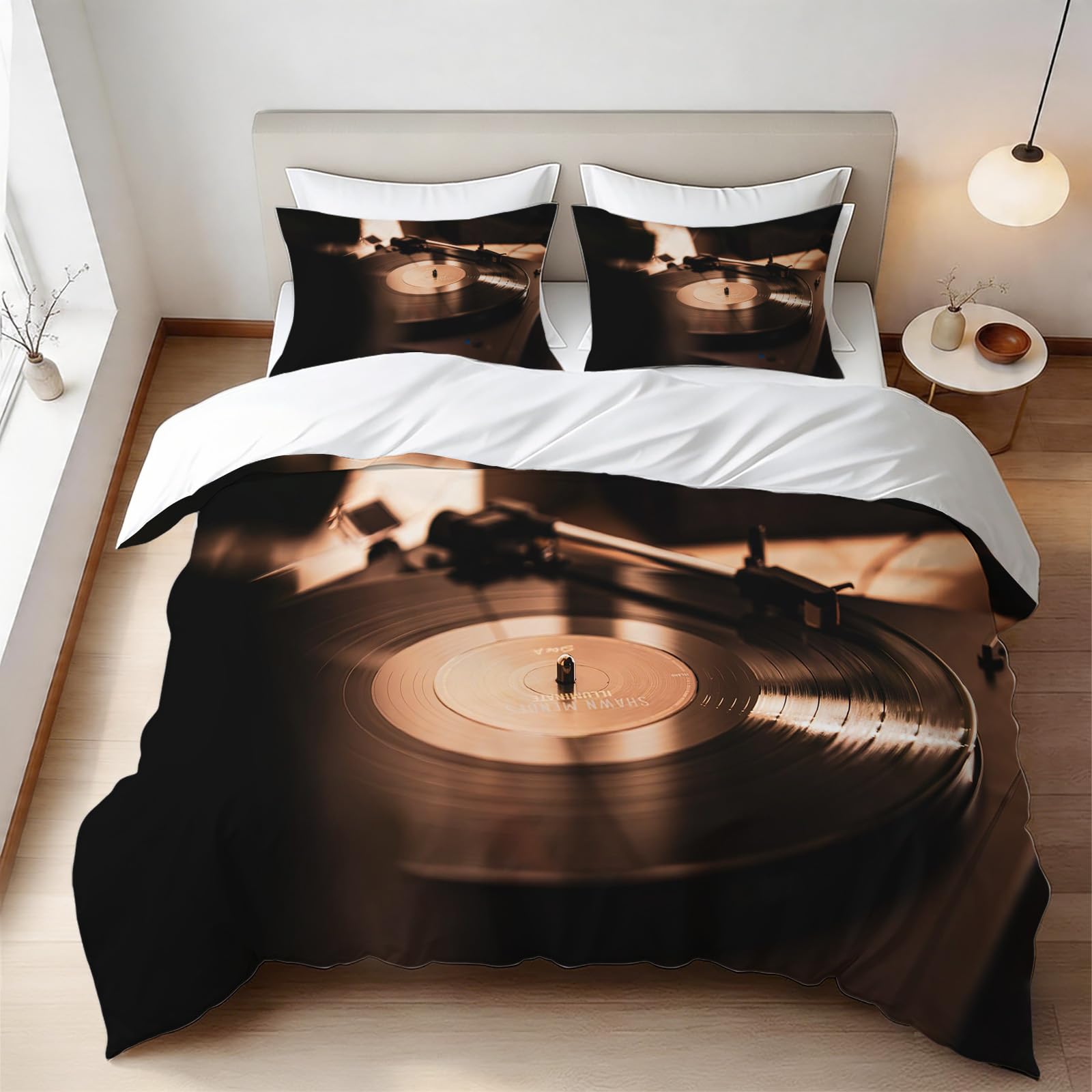 Housse de Couette 200x200 Disque Vinyle anti-glisse et infroissable en microfibre douce