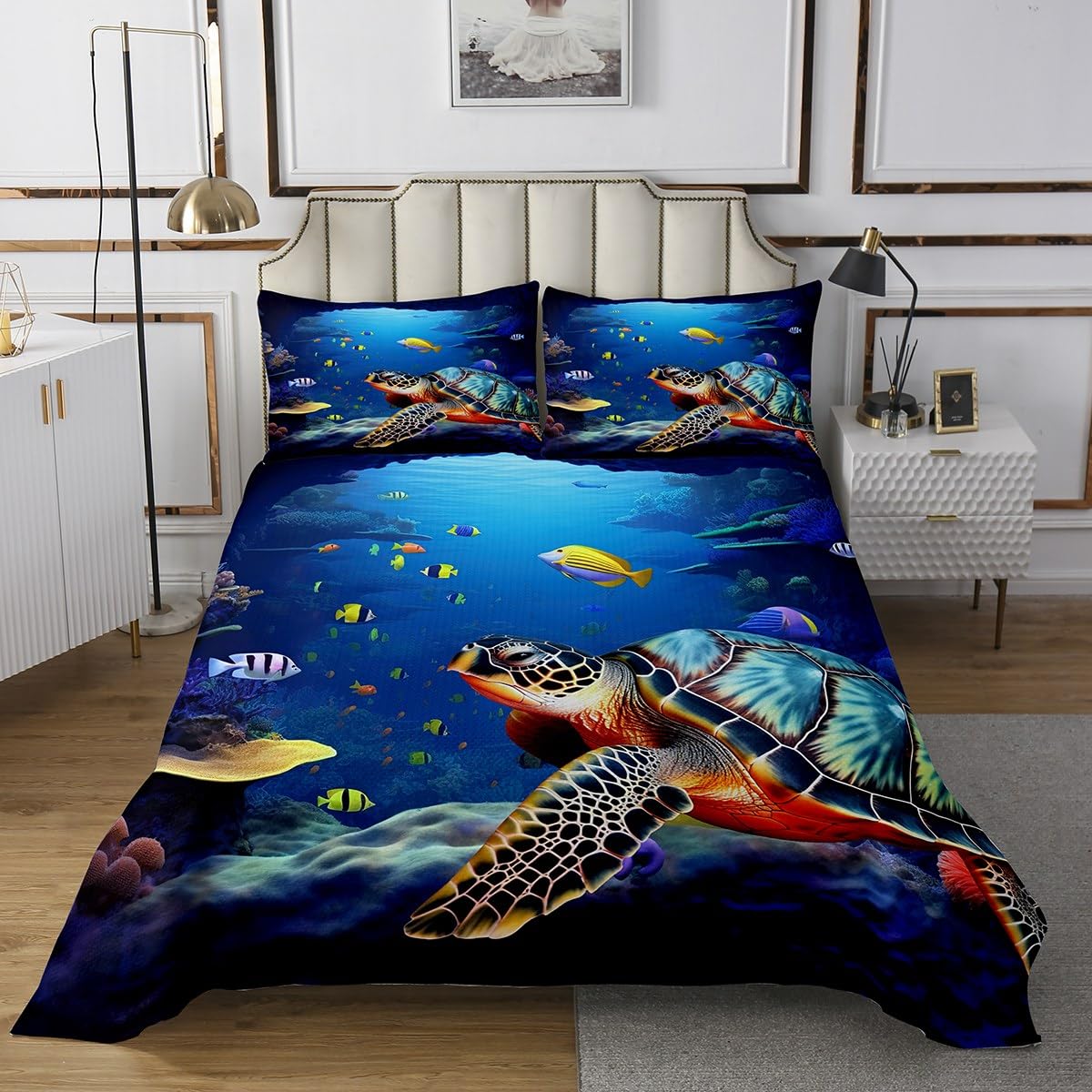 Kids 3D Turtle Coverlet Set Queen Seaweed Blue Sea Animal Quilt Ocean Corals Fishes Bedding Cover for Teens Boys Girls Sealife Reptile Pattern Quilt Bedspread Set with 2 Pillowcases,Soft Lightweight
