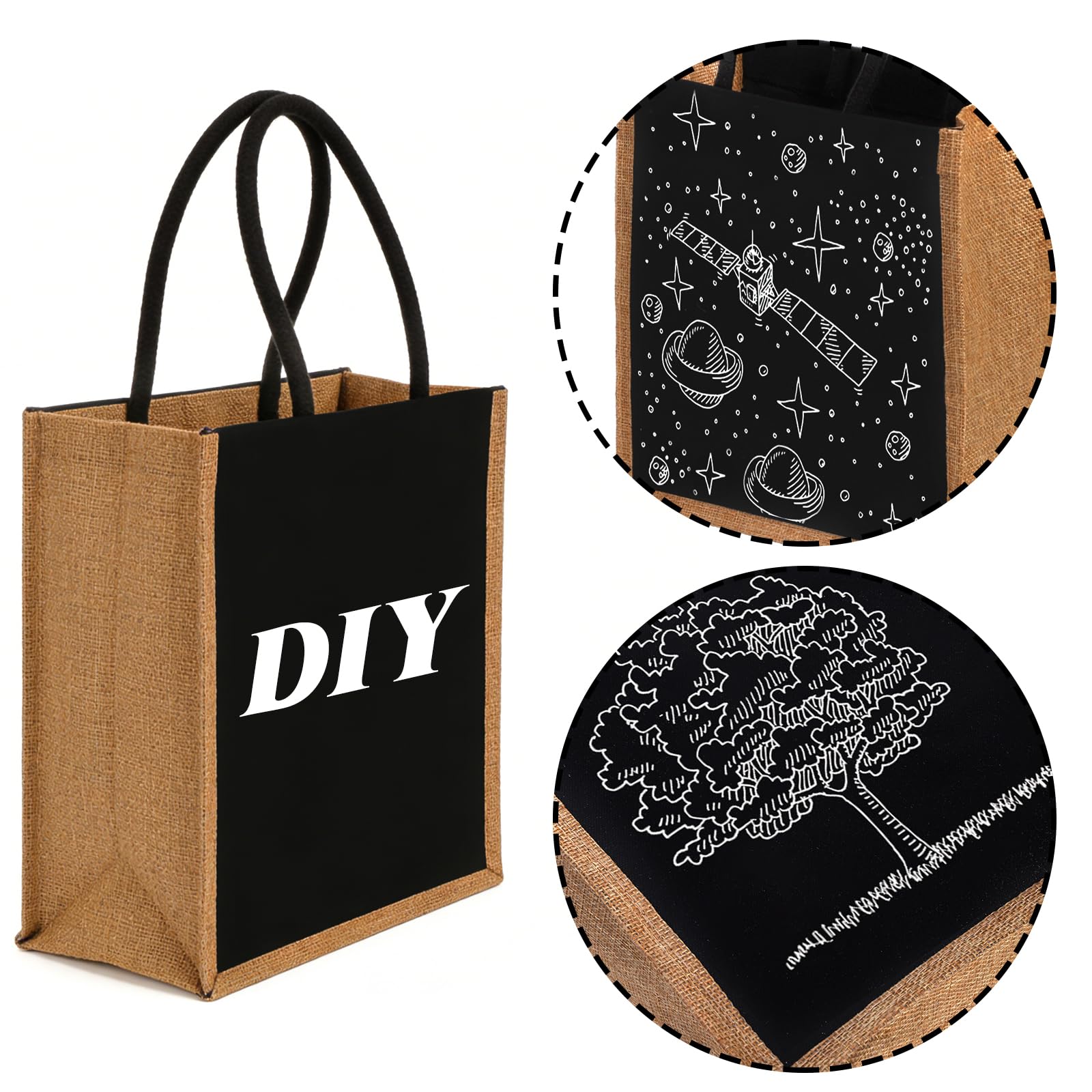 SOUJOY 6 Pack Burlap Tote Bags, Reusable Gift Tote with Handles, Black Jute Beach Bags, Canvas Grocery Shopping Tote for Bridesmaid, DIY, Shopping, Pool, Wedding Bag