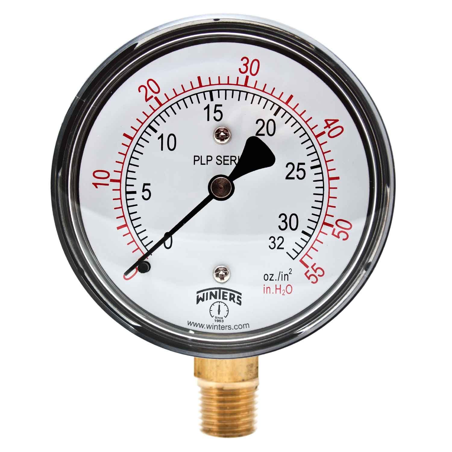 Winters PLP Series Steel Dual Scale Low Pressure Gauge with Brass Internals, 0-55" Water/Oz, 2-1/2" Dial Display, +/- 3-2-3% Accuracy, 1/4" NPT Bottom Mount