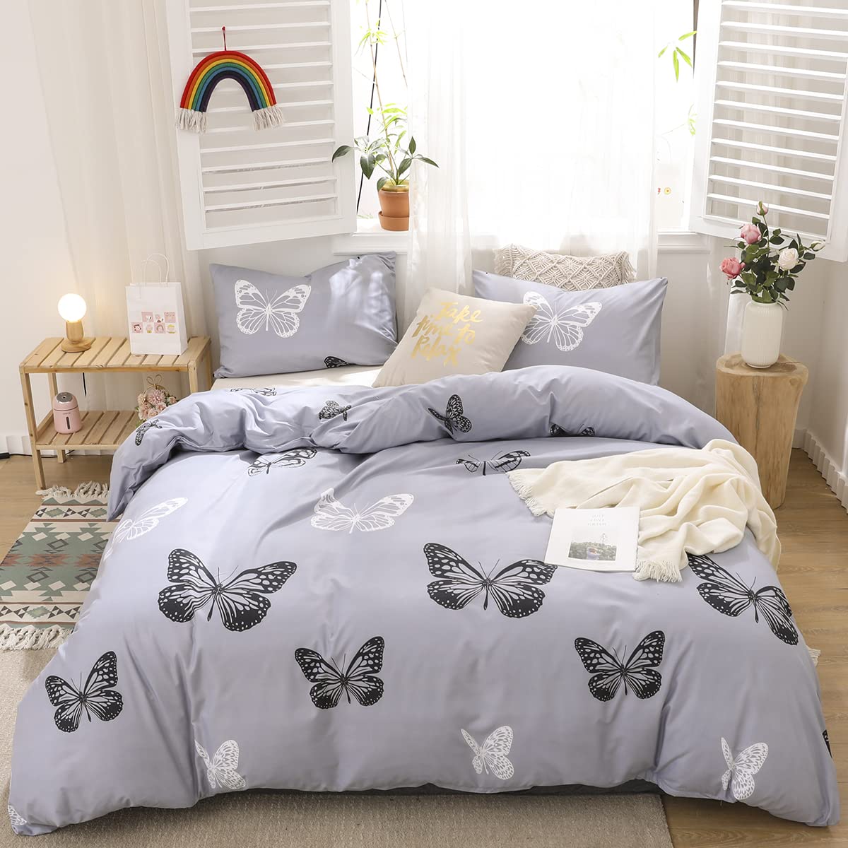Freyamy Mädchen Bettwäsche Set 135x200cm 2teilig Grau Schmetterling Wendebettwäsche Gebürstet Microfaser Weiche Bettwaren-Sets Romantisch Bettbezug mit Reißverschluss und Kissenbezug 80x80cm