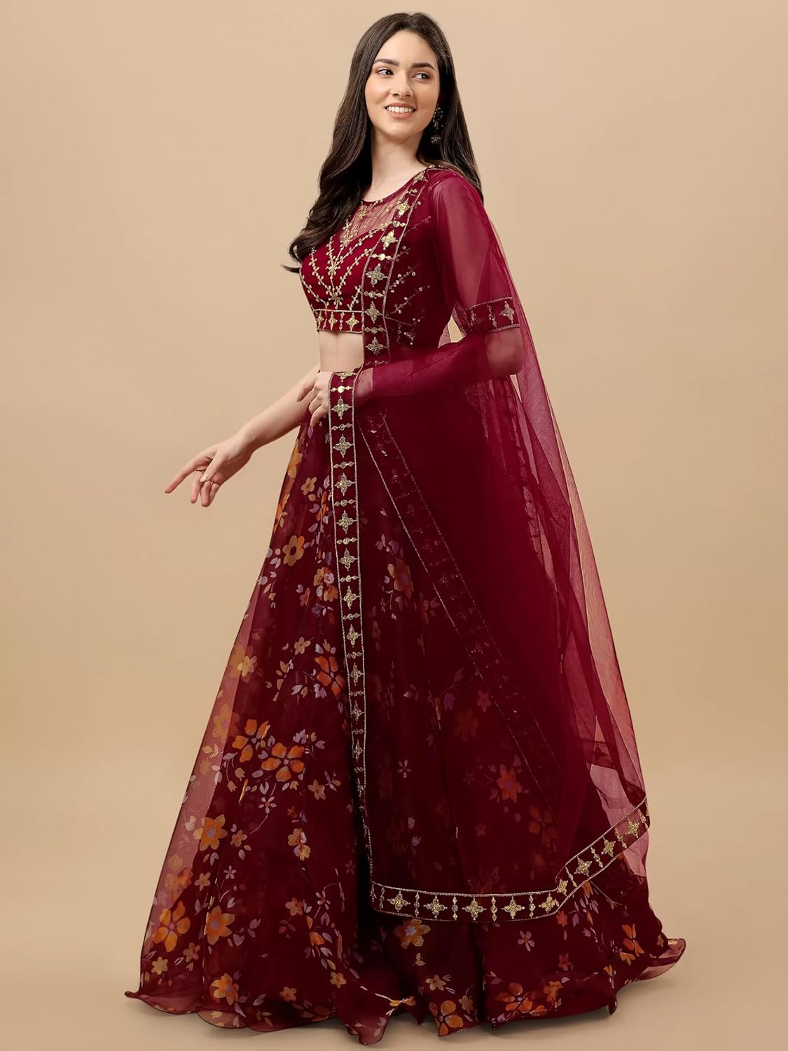 Women’s Ethnic Wear Floral Digital Printed Organza zari Sequin Work Semi-Stitched Lehenga Choli With Dupatta