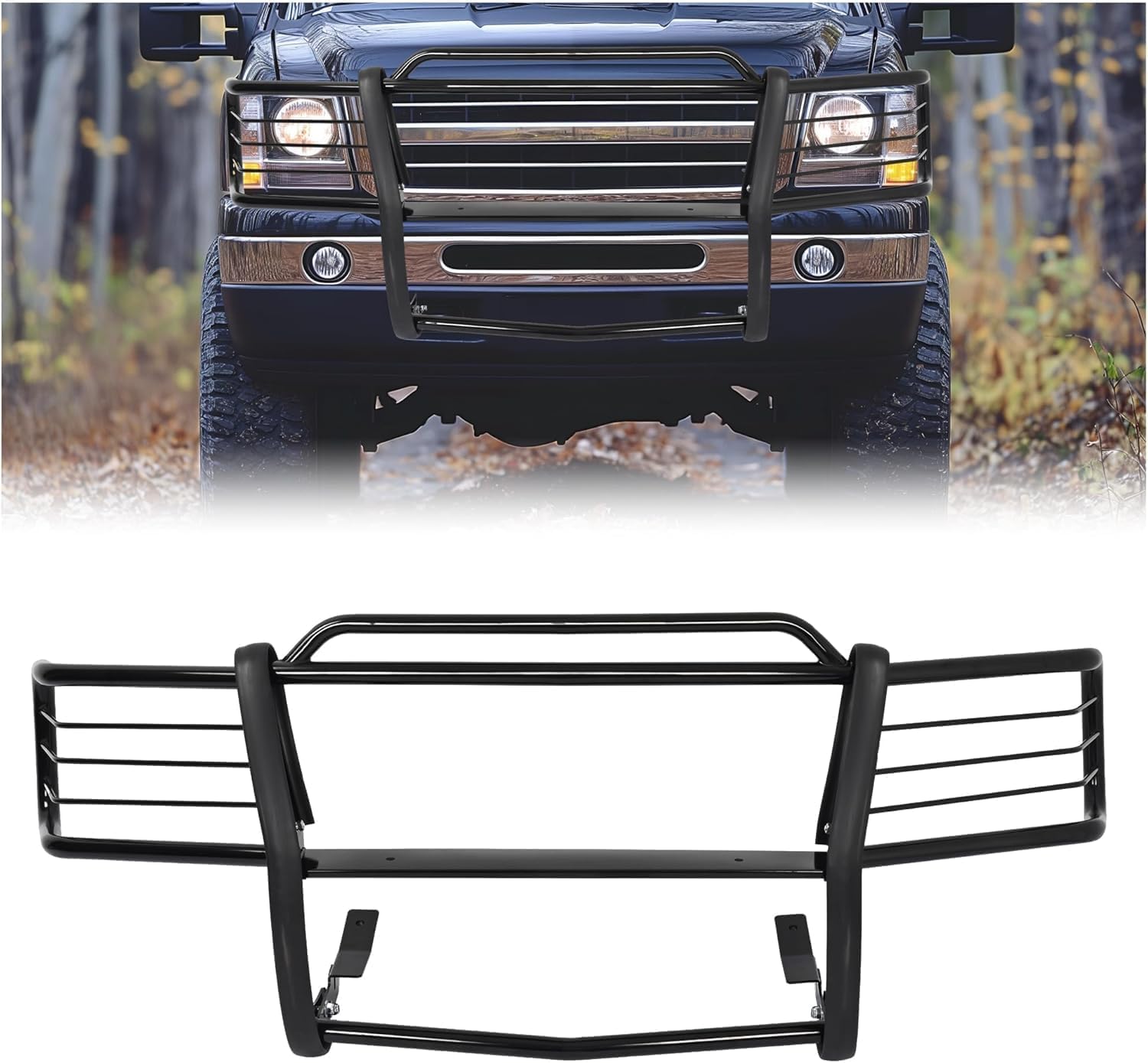 KUAFU Front Bumper Brush Guard Compatible with 2000-2002 Chevy Chevrolet Silverado & GMC Sierra 2500HD 3500HD Bumper Grille Grill Guard Impact Bar Bull Bar Steel Powder Coated Gloss Black