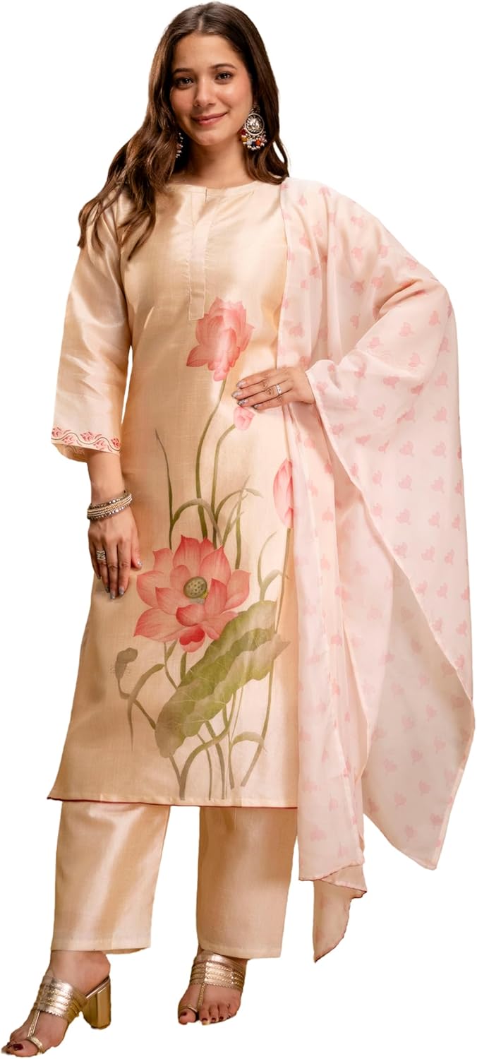 Women’s Cream Assam Silk Kurta Pant Set with Dupatta Digital Printed Straight Kurti Set