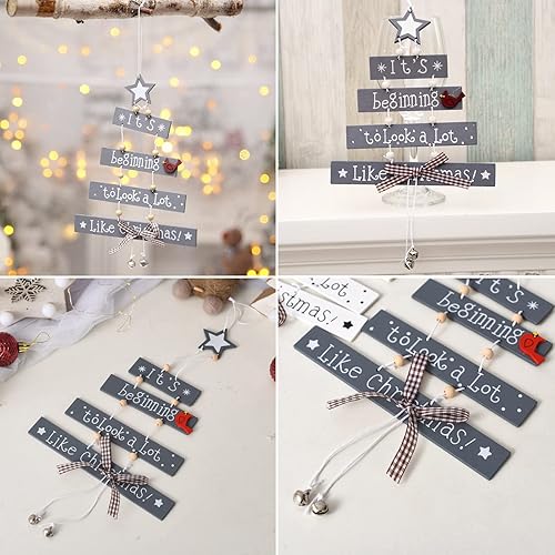 Miniatura 2 de Andiker Adorno para árbol de Navidad colgante de madera de Navidad con cuerda colgante mini campanillas de viento con lazo de celosía para regalo de