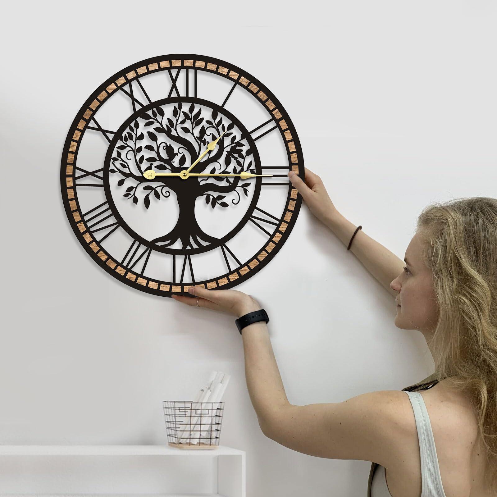 Reloj de Pared para Sala de Estar, Reloj de Pared Árbol de la Vida | Silencioso Sin Tic Tac a Pilas, Estilo Granja Moderna para Decoración de Cocina Baño y Hogar(60cm)
