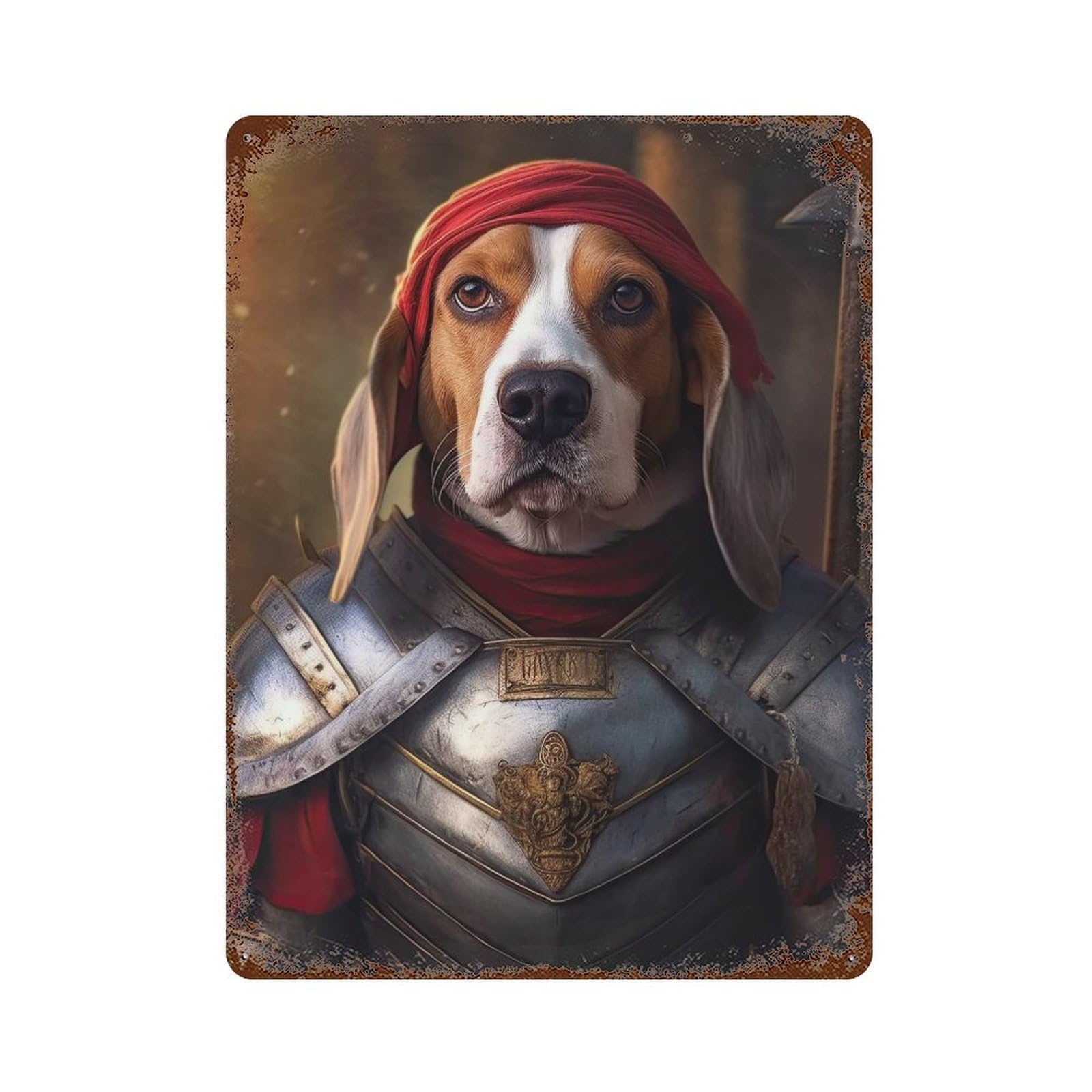 Beagle in Armor Rustic Tin Plaque 15.7"x11.8", Ideal for Patio, Garden Room And Bar Decor