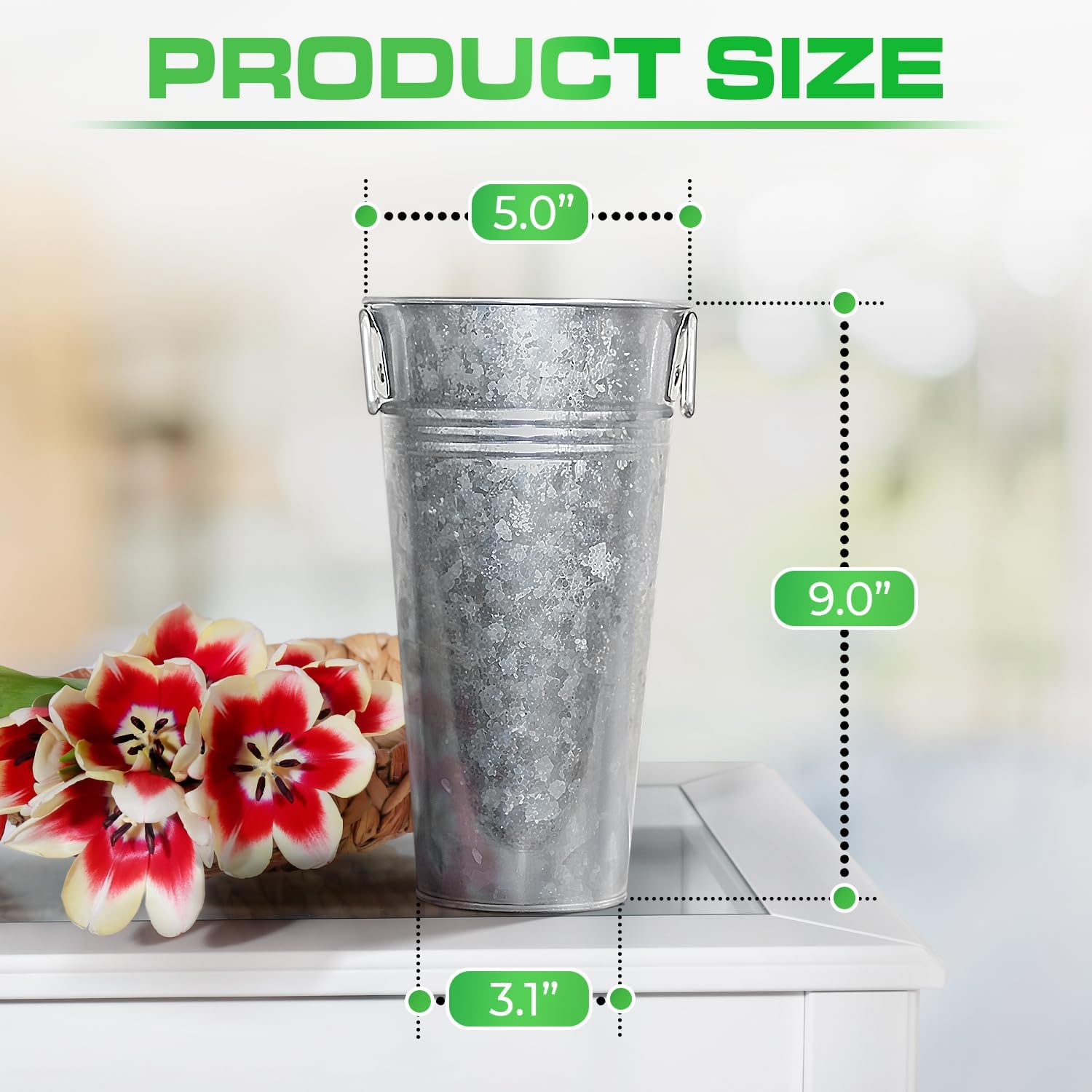 Plexon 9" Tall Metal Vase for Flowers, Metal Flower Container with Handles, Farmhouse French Tin Vases for Flowers Ideal for Sparkler Bucket Wedding Home Decor, Galvanized Steel, Set of 6