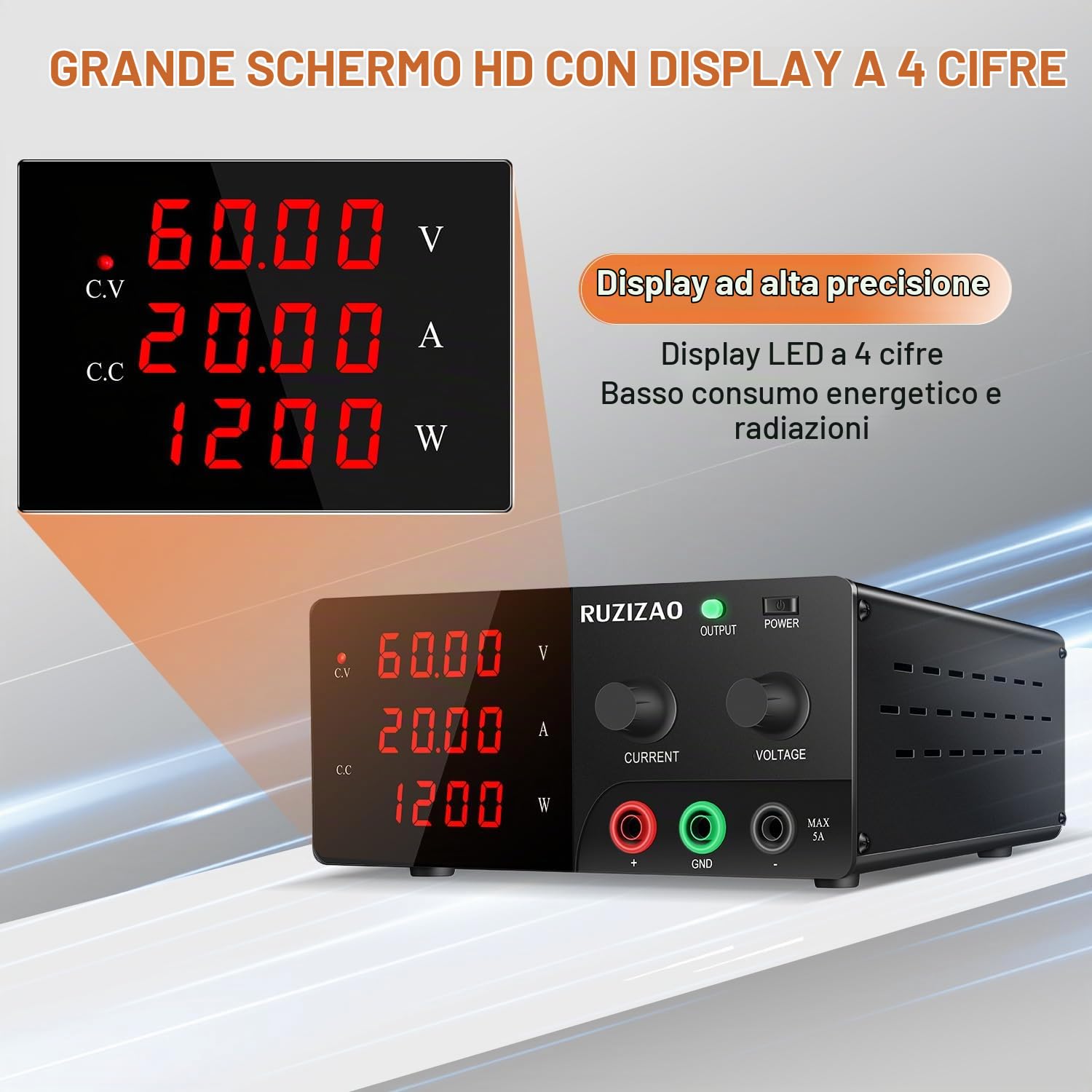 Alimentatore da Banco 60V 20A 1200W Alta Potenza Alimentatore da Laboratorio Regolabile con OUTPUT/Encoder Alimentatori Stabilizzato per Laboratorio/Automazione/Test delle Batterie/Elettronica