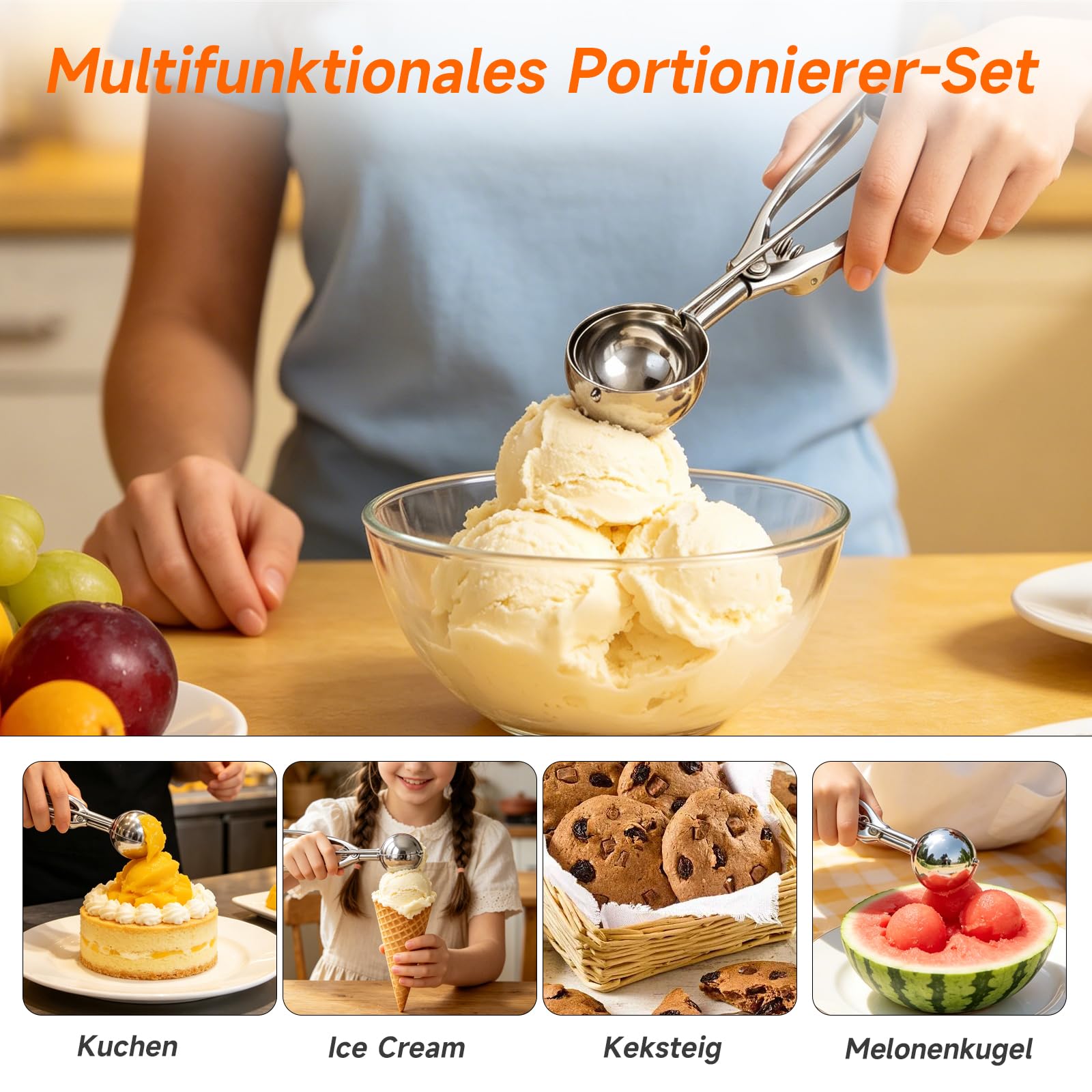 Juego de 3 cucharas de acero inoxidable para helado con disparador (15/30/45 ml) – Para bolas perfectas de helado, masa de galletas, magdalenas y albóndigas – Apto para lavavajillas y