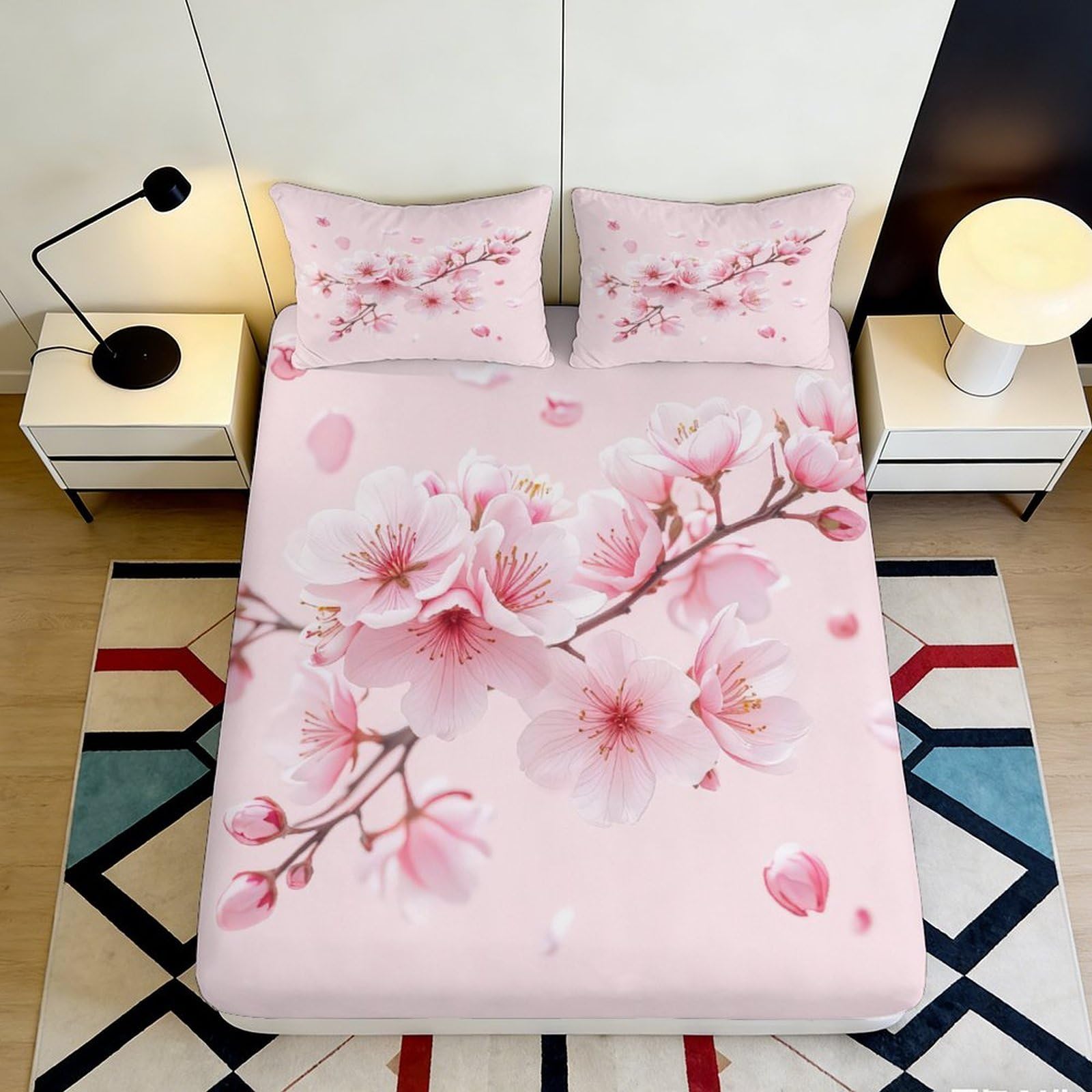 3D Printed Sakura Blossom Fitted Sheet Microfiber Soft Pink Plum Flower Bed Cover for Bedroom Guest Room Decor 90x200x25cm