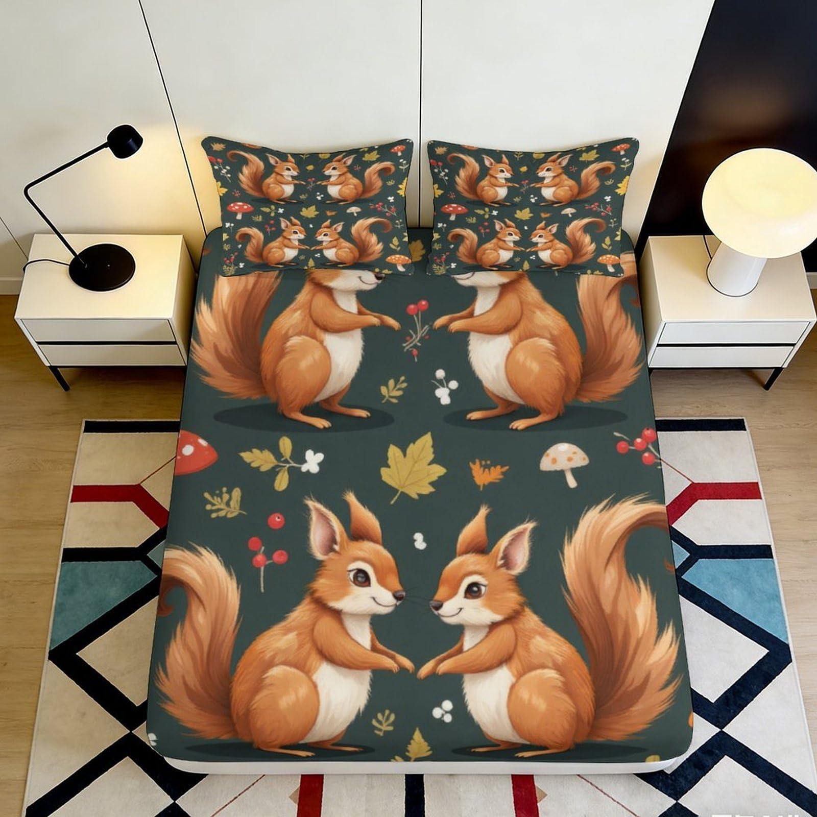 3D Printed Squirrel Forest Fitted Sheet Microfiber Autumn Woodland Bed Cover for Bedroom Guest Room Mattress Decor 90x200x25cm