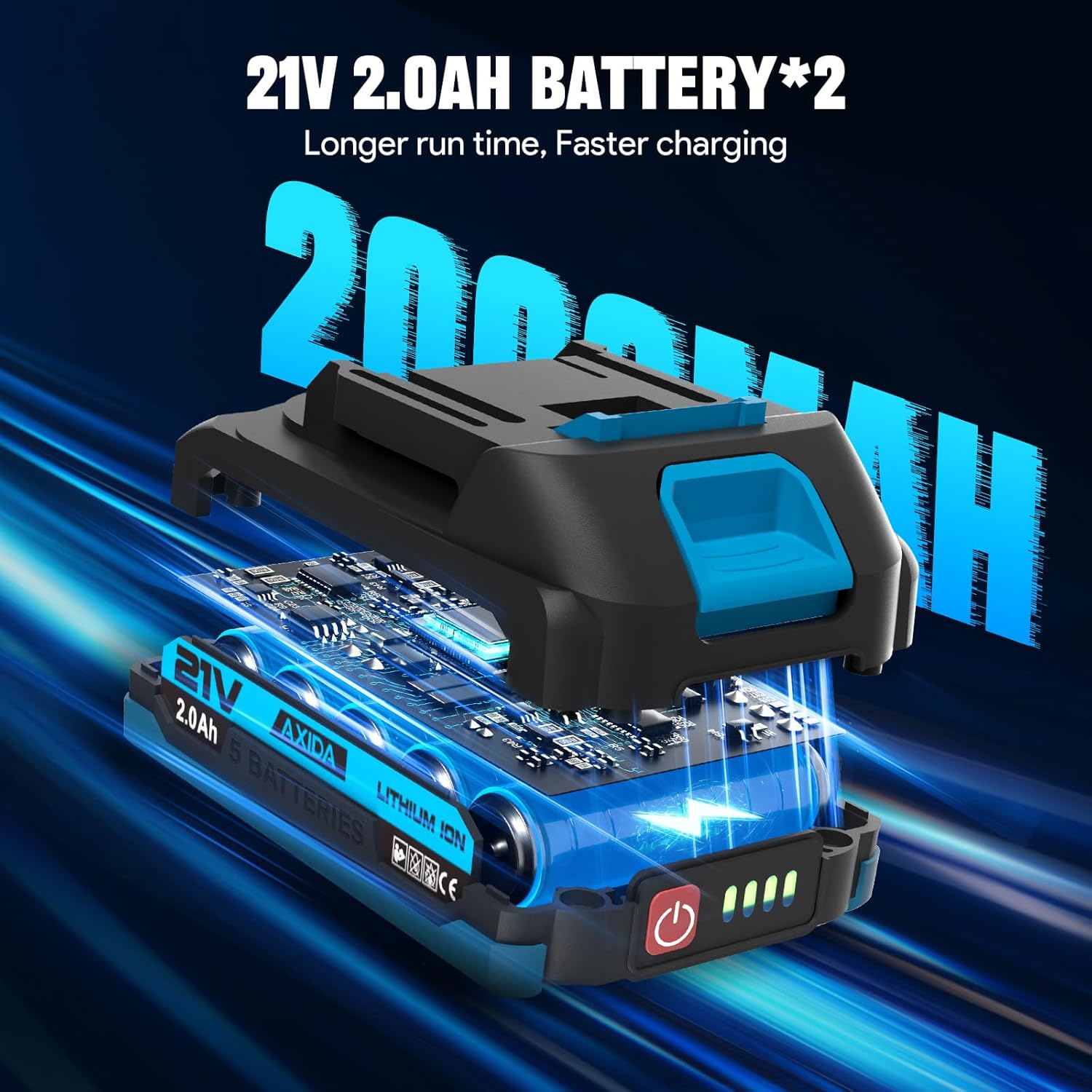 3/8" Electric Ratchet Wrench, 66FT-LBS (90N.m) Cordless Ratchet Wrench, 21V Power Ratchets with 2x 2.0A Batteries & Charger, 7 Sockets, 1/4" Adapters and 3" Extension Bars, NEW VERSION - Image 2