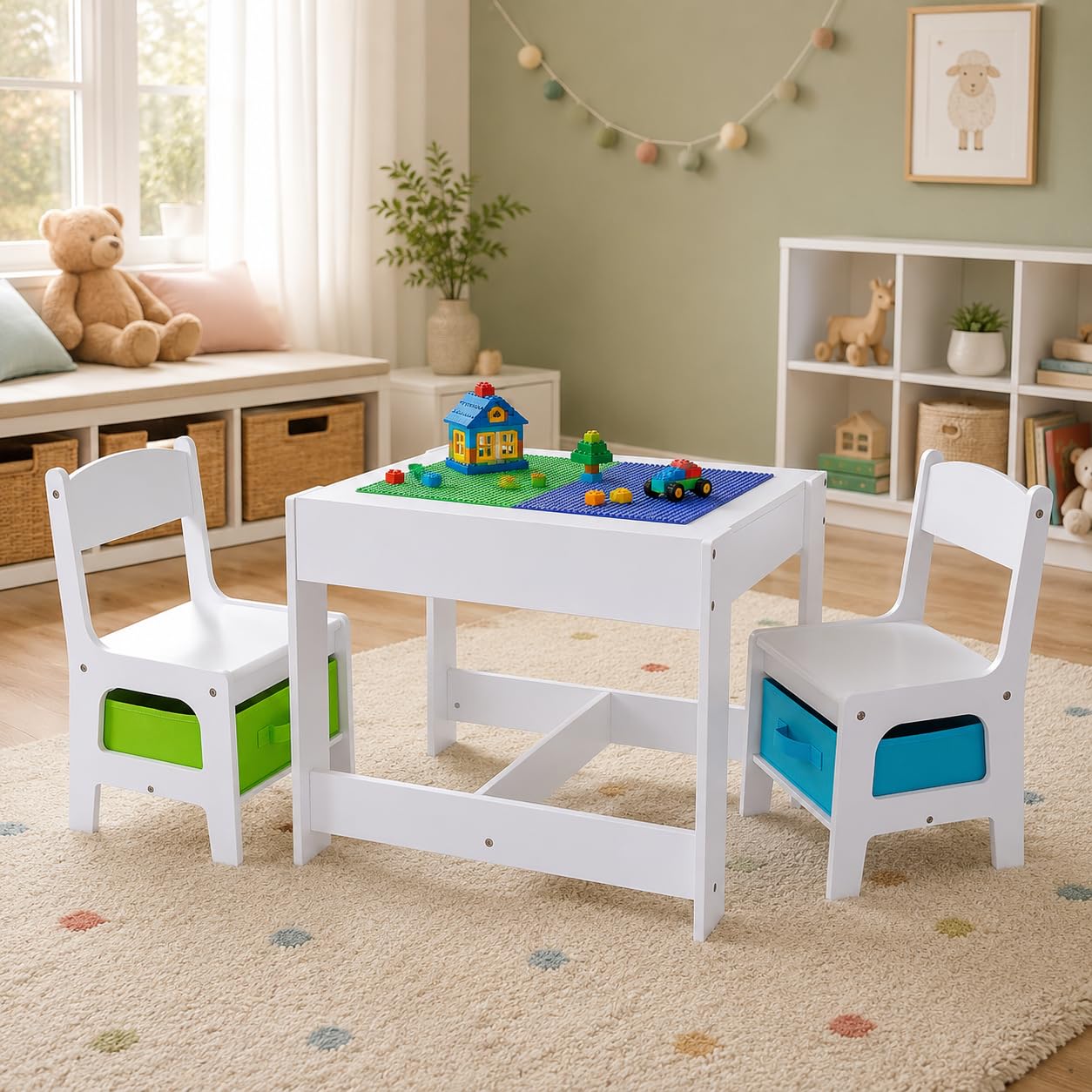 Baby Vivo Kindersitzgruppe Kindertischgruppe Kindermöbel Kinderzimmer Set mit multifunktionalem Tisch und 2 Stühlen aus Holz - Moritz