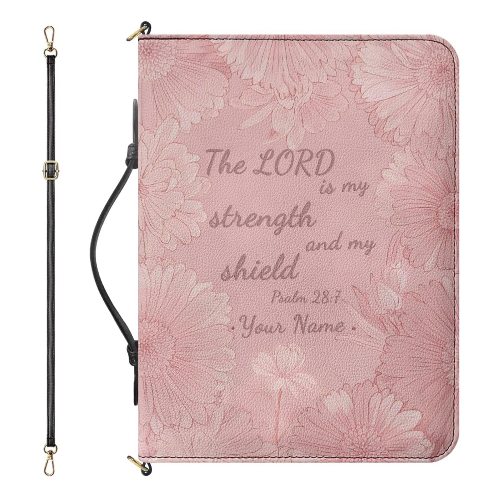 Drnuikhe Custom Bible Case for Women, Personalized Bible Covers with Name, Psalm 28:7 Print PU Leather Bible Holder with Strap Handle Inner Pockets and Pen Loop, Bible Accessories Women