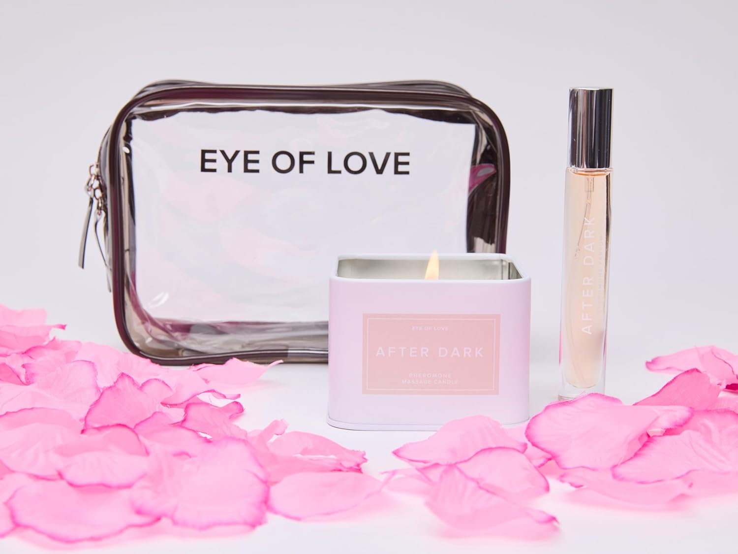 Love in Transit Kit – After Dark Pheromone Perfume & Candle Set with Rose Petals, Travel Bag