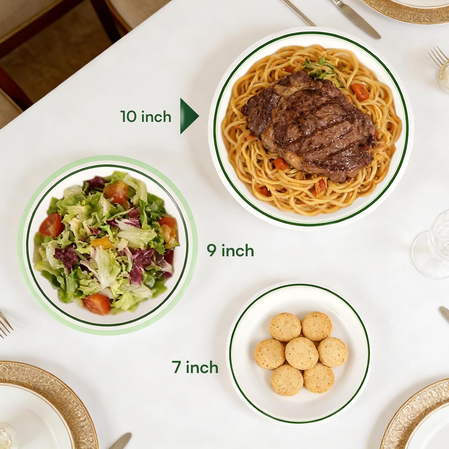 Disposable Paper Plates 10 Inch, 100PCS Paper Plates Bulk with Green Rims, Heavy Duty Paper Plates for Everyday Use, Picnic, BBQ, Microwave, Breakfast, Lunch & Dinner - Image 2