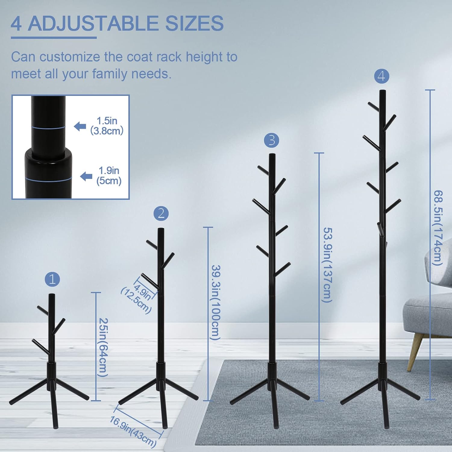 SZUAH Wooden Coat Rack Freestanding 8 Hooks, 4 Adjustable Sizes, NO Tools Required Easy Assembly Coat Hanger Stand Coat Rack Stand Coat Tree for Coat, Umbrella, Bedroom, Hallway, Black
