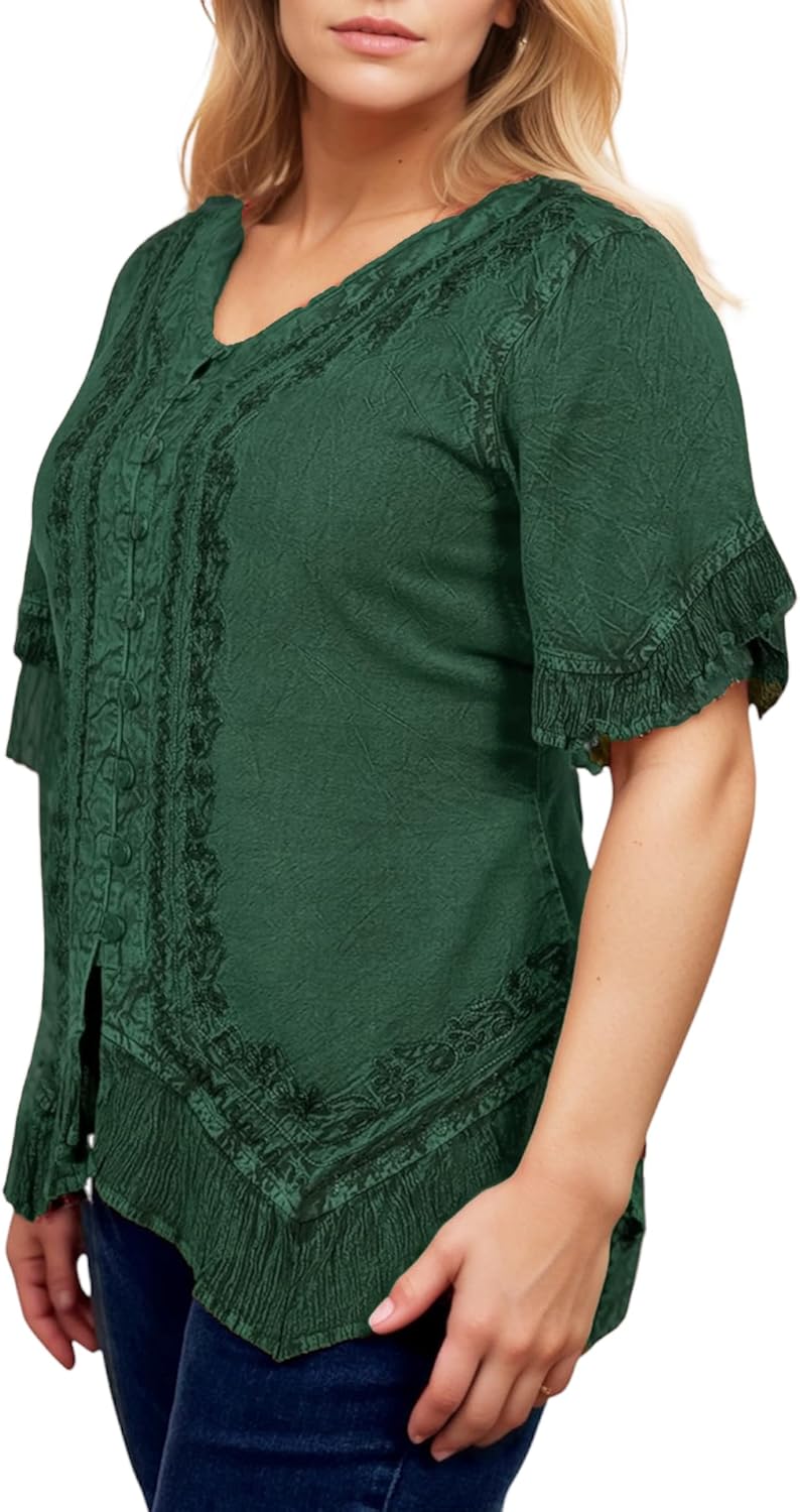 Agan Traders 2026 Embroidered Tops for Women - Boho Asymmetrical Medieval Button-Down Shirts - Short Sleeve Women's Blouses - Image 2