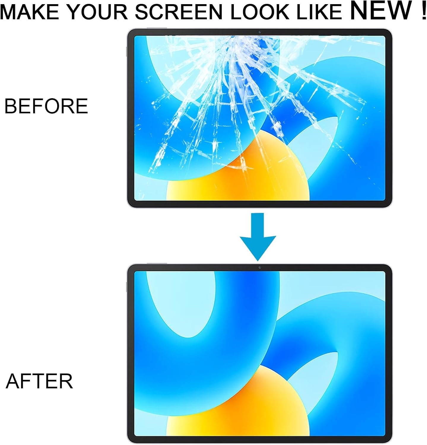 Image showing a tablet screen before and after replacement, with a cracked screen on top and a new, clear screen on the bottom.