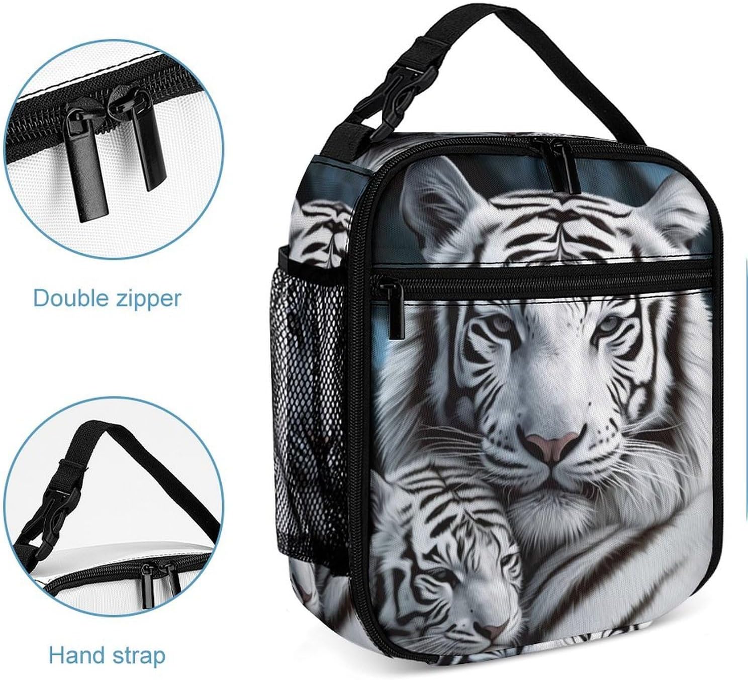 Lunch Box for Men And Women,White Tiger Painted Portable Lunch Bag,large Capacity Reusable Meal Bag, 27.5X20cm