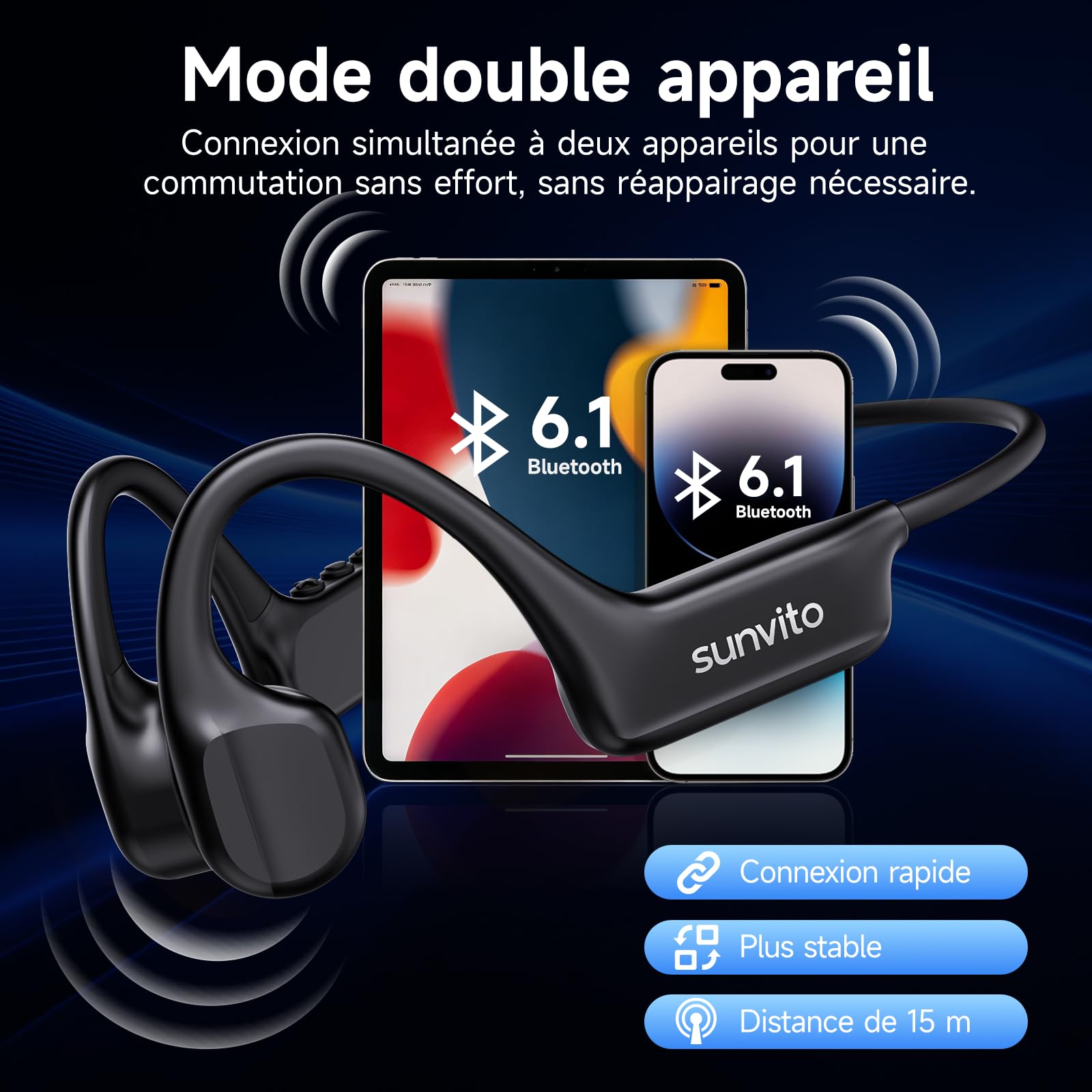 Casque Conduction Osseuse Bluetooth 6.1, Écouteurs sans Fil Open Ear, Recharge Rapide USB-C, IPX7 Étanche, Casque Sport pour Running, Cyclisme, Fitness et Entraînement