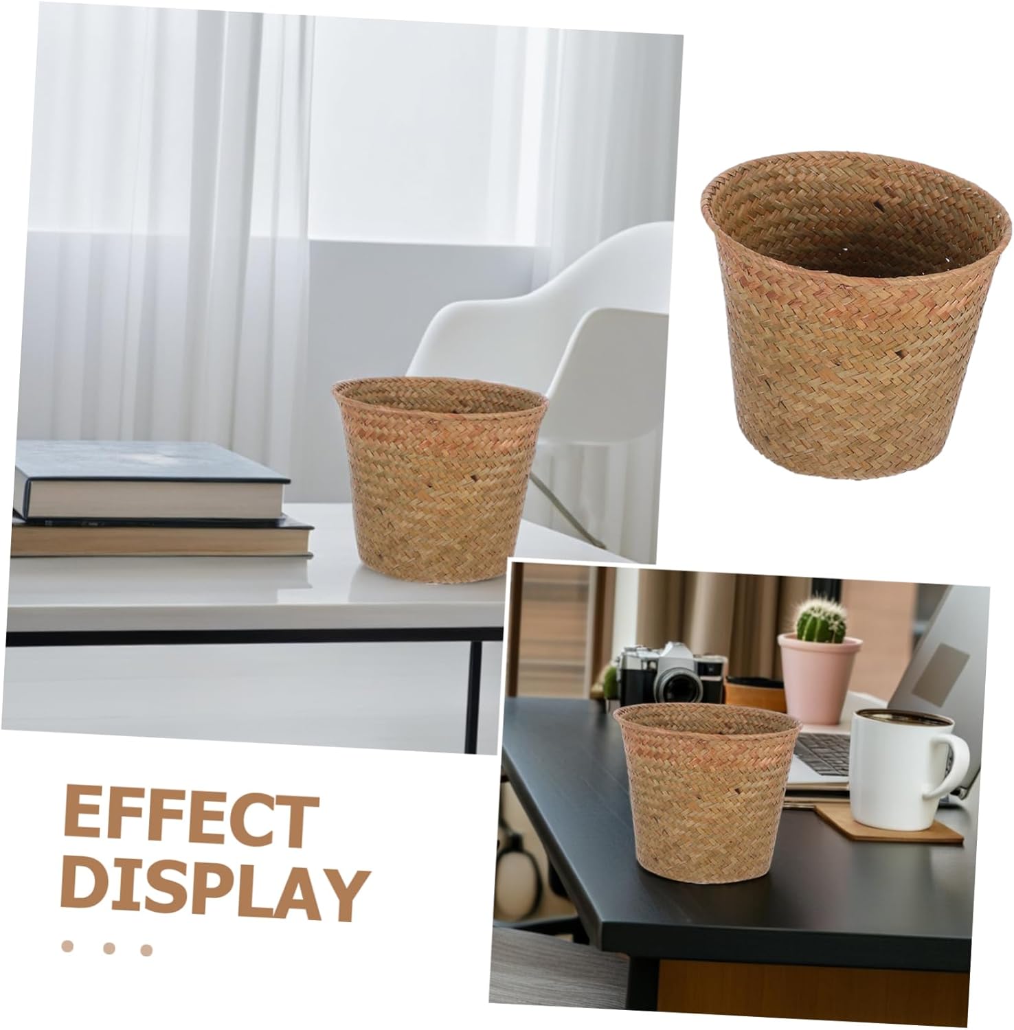 Hand Woven Seagrass Storage Basket with Capacity for Organizer and Rustic Home Decor Multipurpose Waste Basket and Flower Pot Holder for Bedroom and Office Organization
