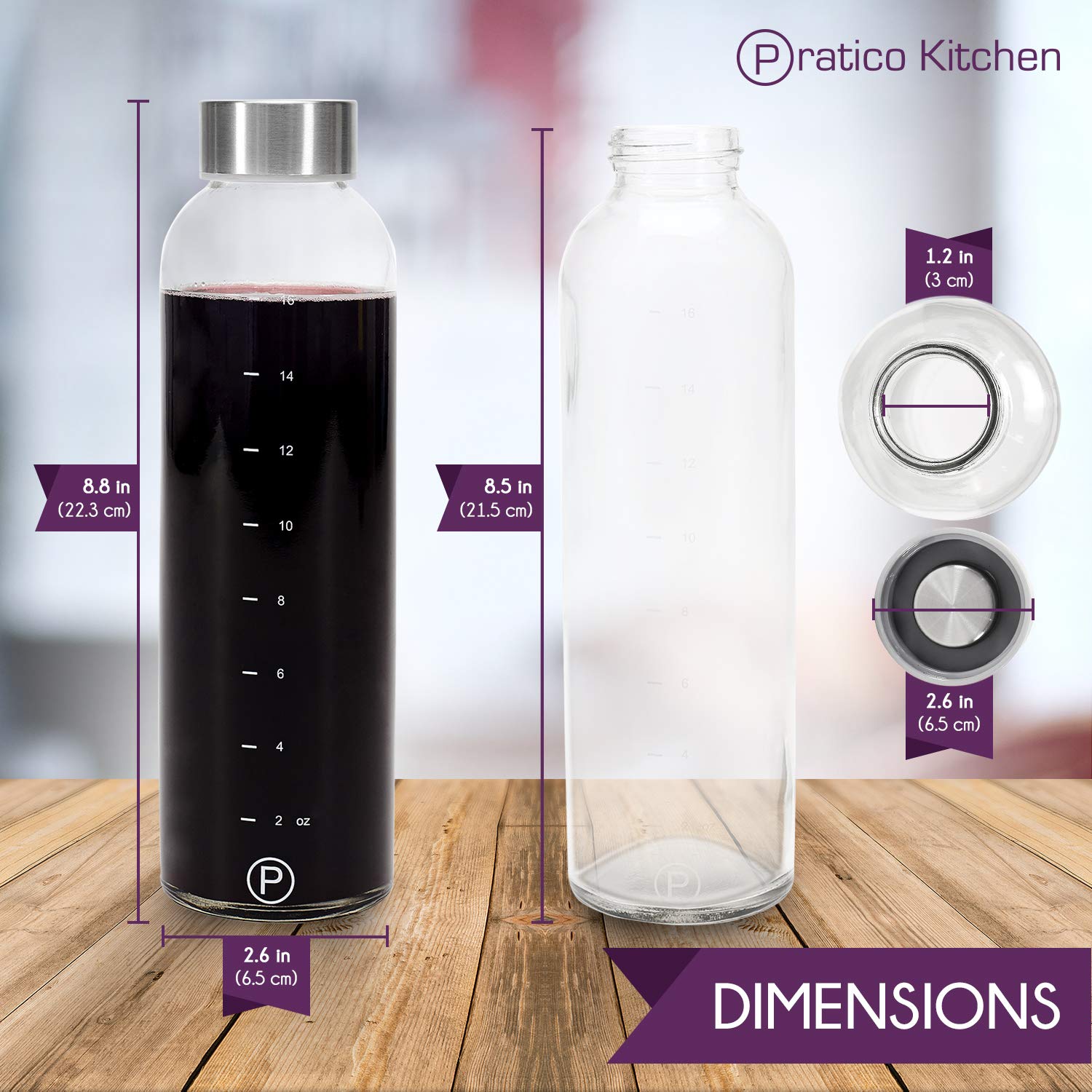Pratico Kitchen 18 oz.Leak-Proof Clear Glass Bottles, Juicing Containers, Water / Beverage Bottles - 6-Pack