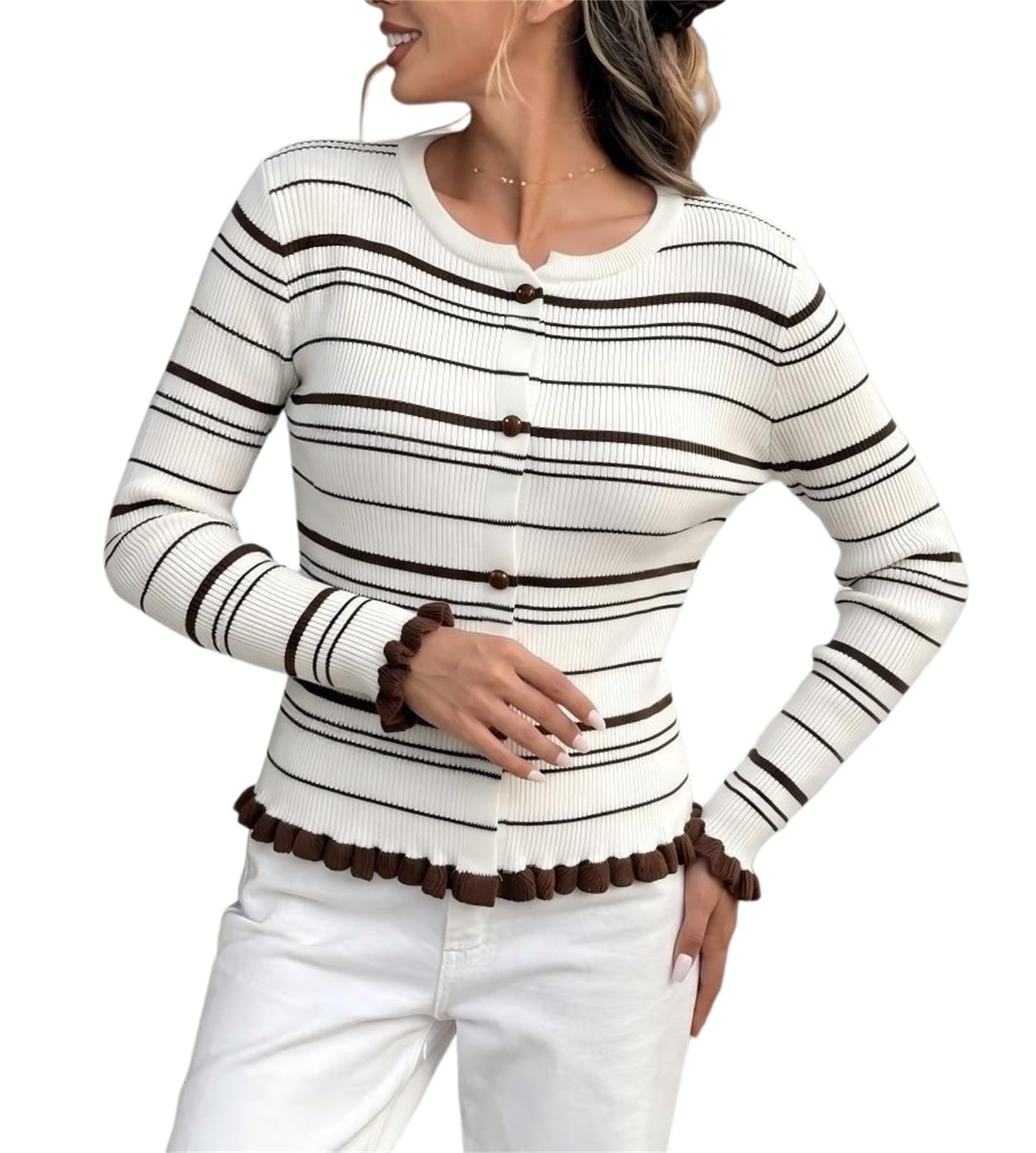 Cardigan da donna a righe a costine a maniche lunghe con orlo a volant
