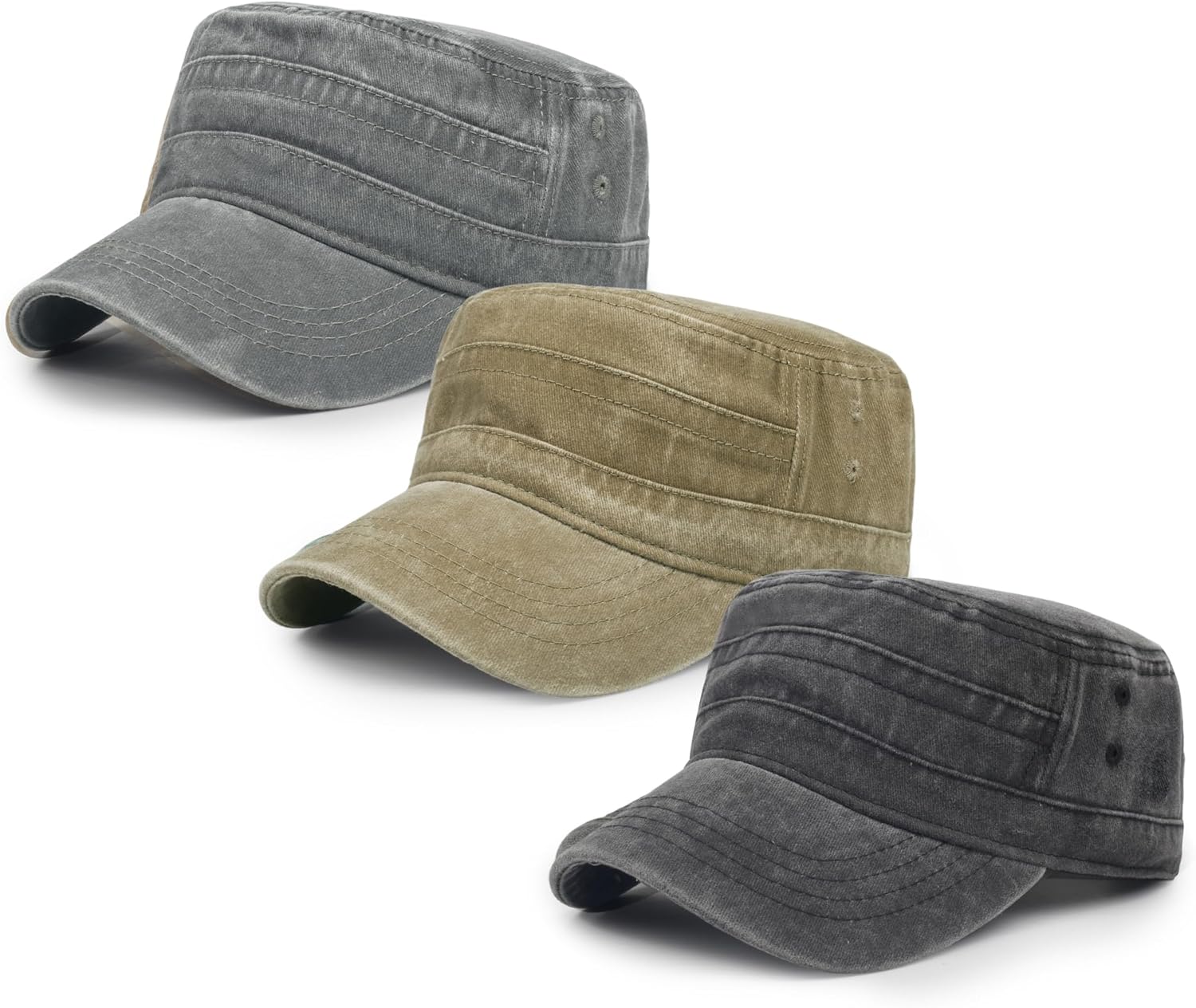 3Pcs Cadet Hat Military Cap Washed Cotton Flat Cap for Men Adjustable Army Hat