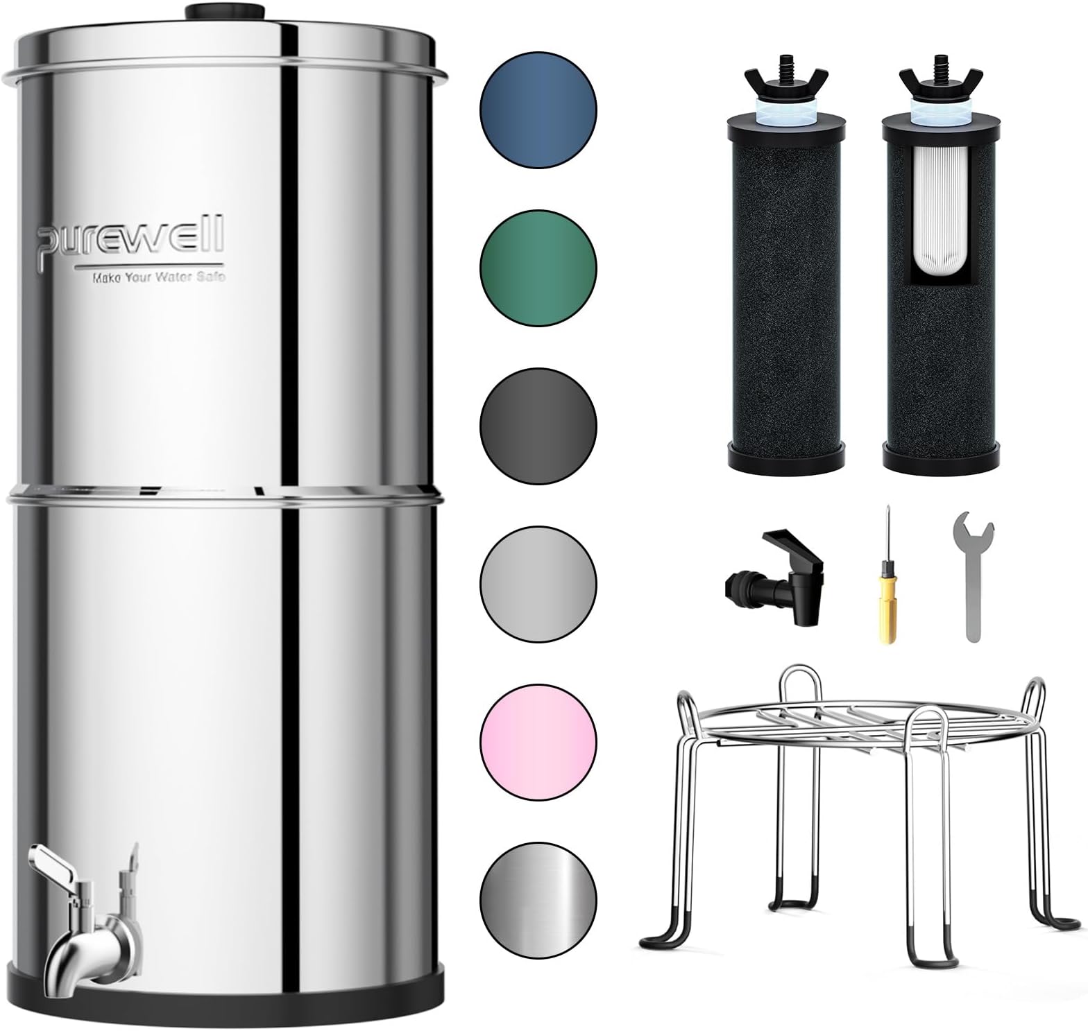 2.25 Gallon Stainless Steel Gravity Water Filter System with 2 Black Purification Elements, Countertop Filtration System for Home and Outdoor Use