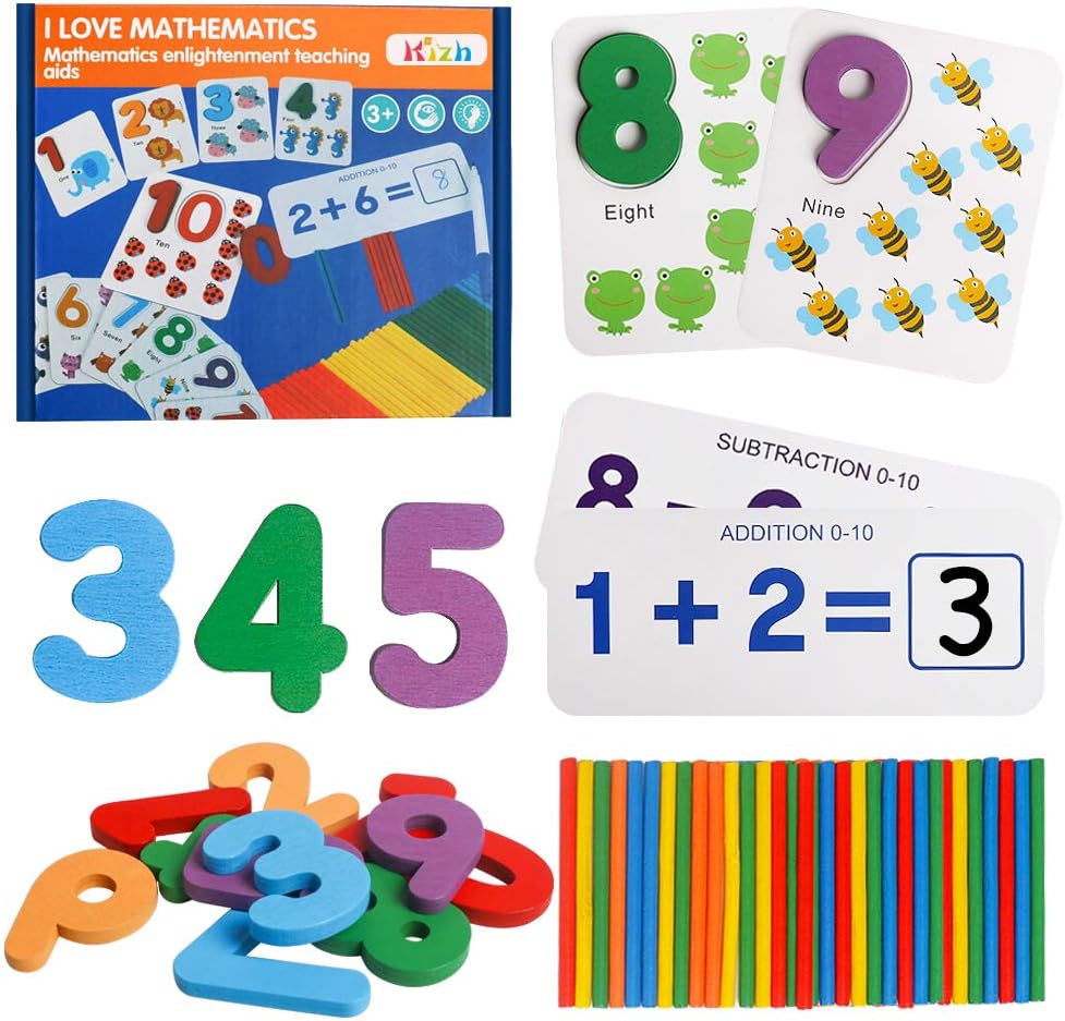 Kizh Math Flash Cards,Multiplication Flash Cards Wooden Number Matching Puzzle Counting Sticks Basic Addition and Subtraction Learning Montessori STEM Games Ages 6 & Up Kindergarten, 1st, 2nd, 3rd