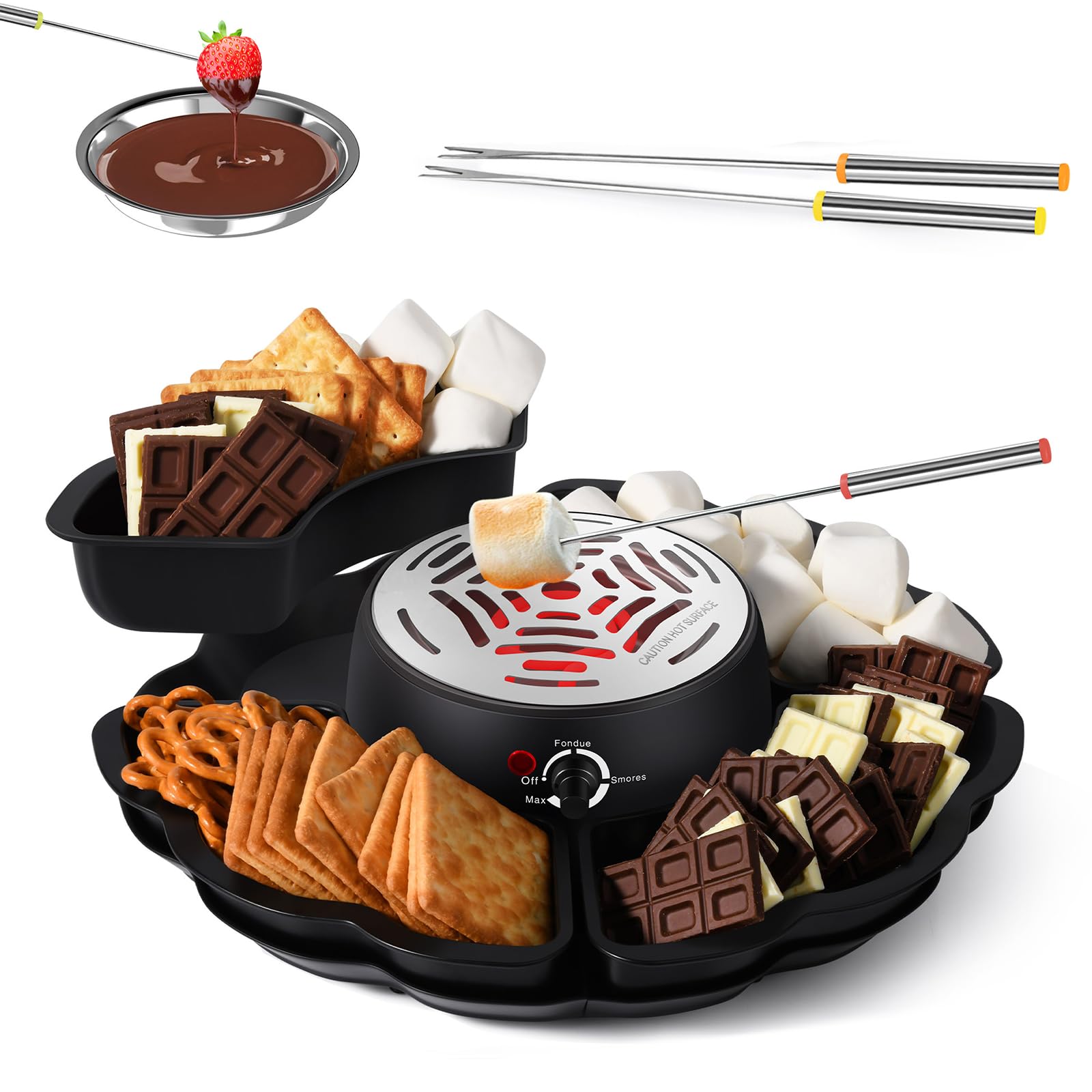 Schokoladenfondue, 2-in-1 Schokofondue Elektrisch & S’mores-Maker, Tischgerät für Innen mit 4 Röster-Gabeln, 4 Abnehmbaren Tabletts & Flammloser Temperaturgeregelter Heizgerät, Familie & Geschenk