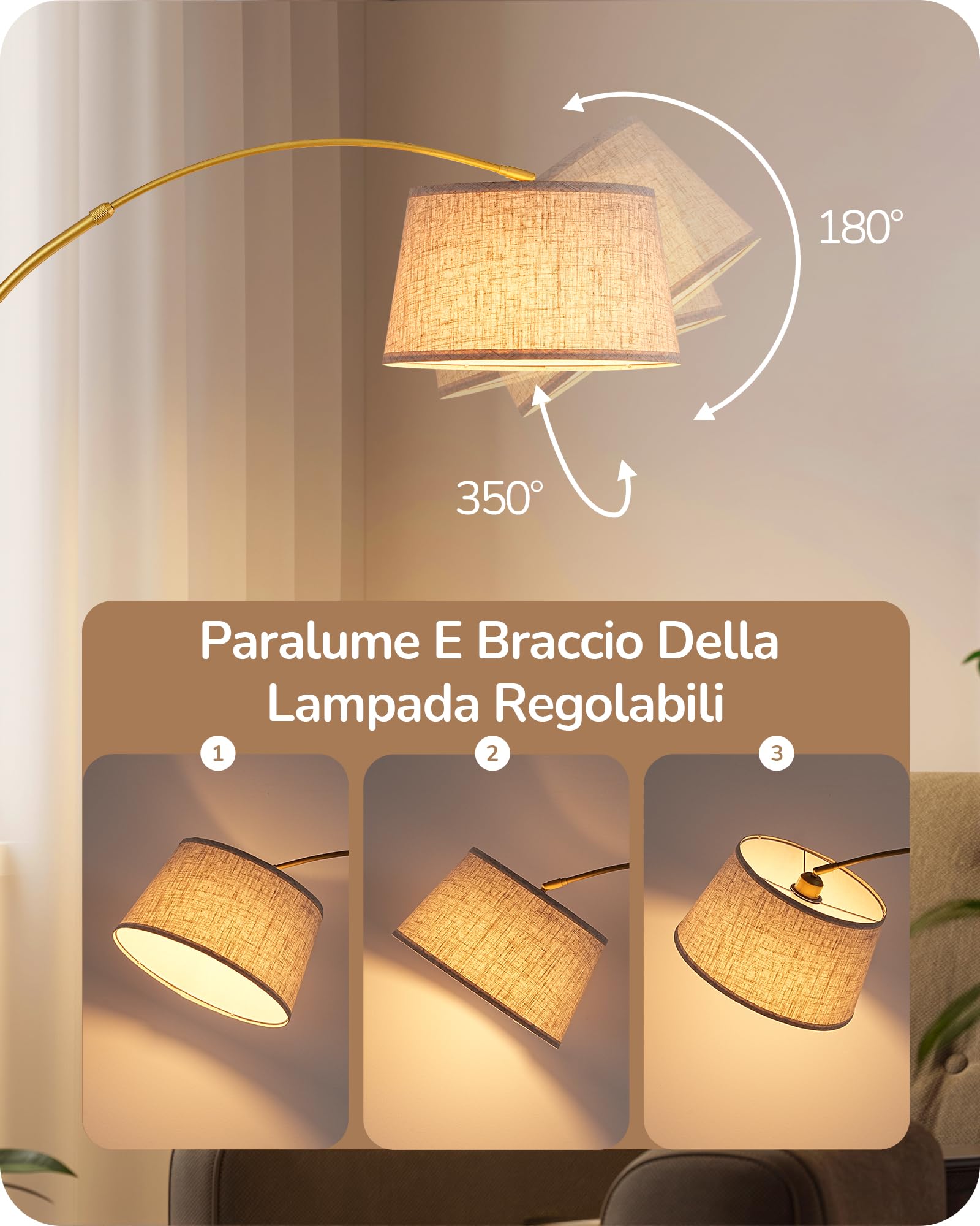 EDISHINE Lampada da Terra per Soggiorno, Altezza Regolabile 143-176 cm, Lampada ad Arco con Testa Rotante, Struttura in Metallo, Telecomando Magnetico, Dimmerabile, Attacco E27 con LED 9W Inclusa