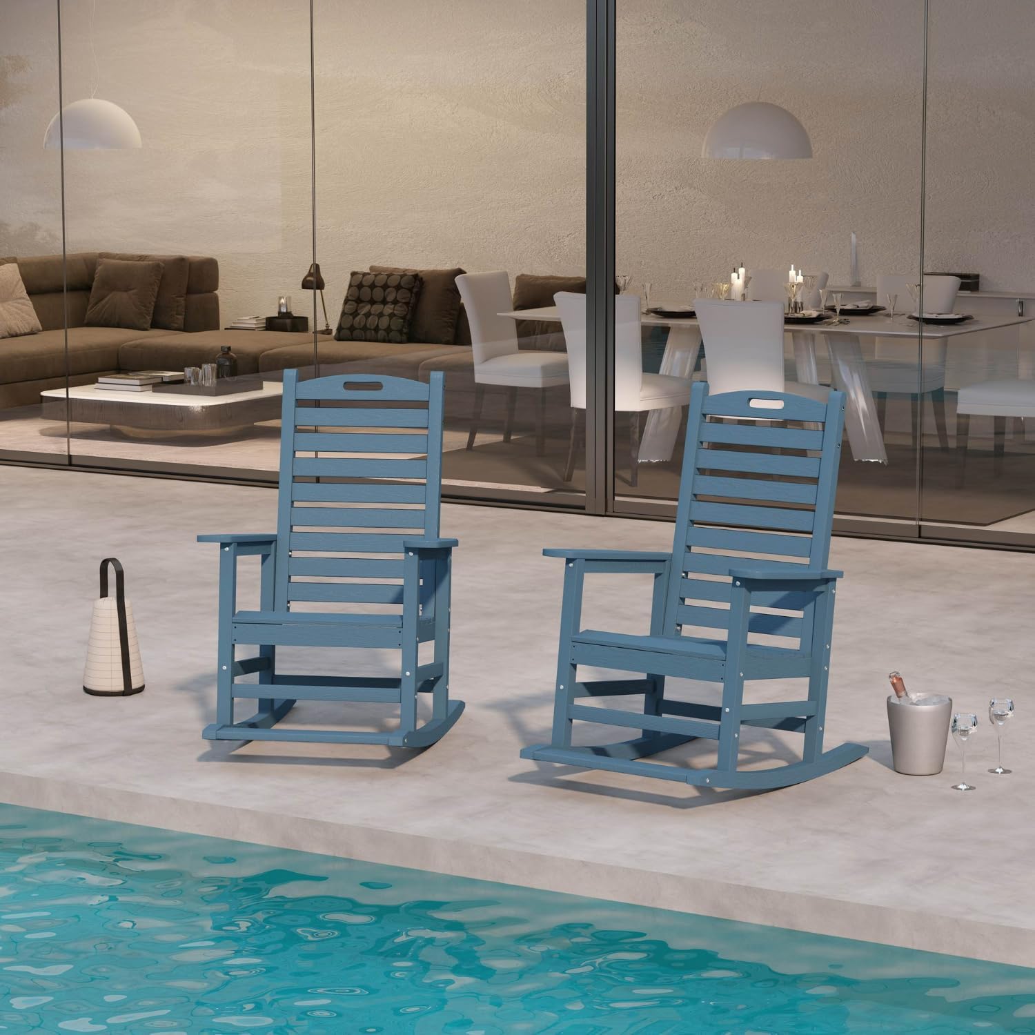 Outdoor Rocking Chairs Set of 2 with Footrest & Side Table, HDPE Modern Rocking Lawn Chair for Garden, Poolside, Deck (Navy Blue)