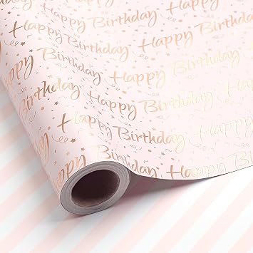 LDGOOAEL Mini Birthday Wrapping Paper Roll - Reversible Design 17" X 32.8 Feet - Metallic RoseGold/Stripes