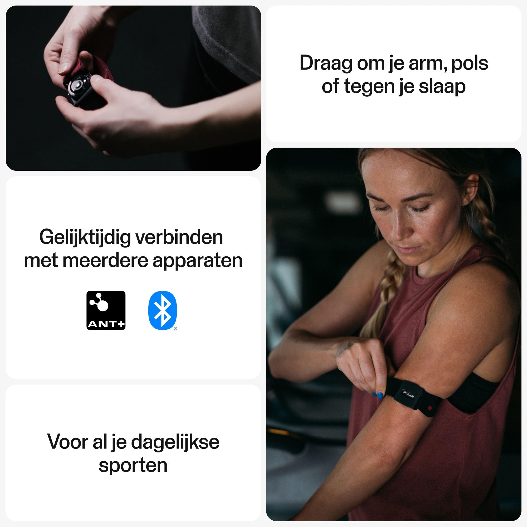 Polar Verity Sense - Optyczny czujnik tętna z opaską na rękę - ANT+ - Dual Bluetooth - Sportowy sensor tętna jednym przyciskiem - Kompatybilny Peloton, Endomondo, Zwift i innymi, M-XXL, Szary czarny