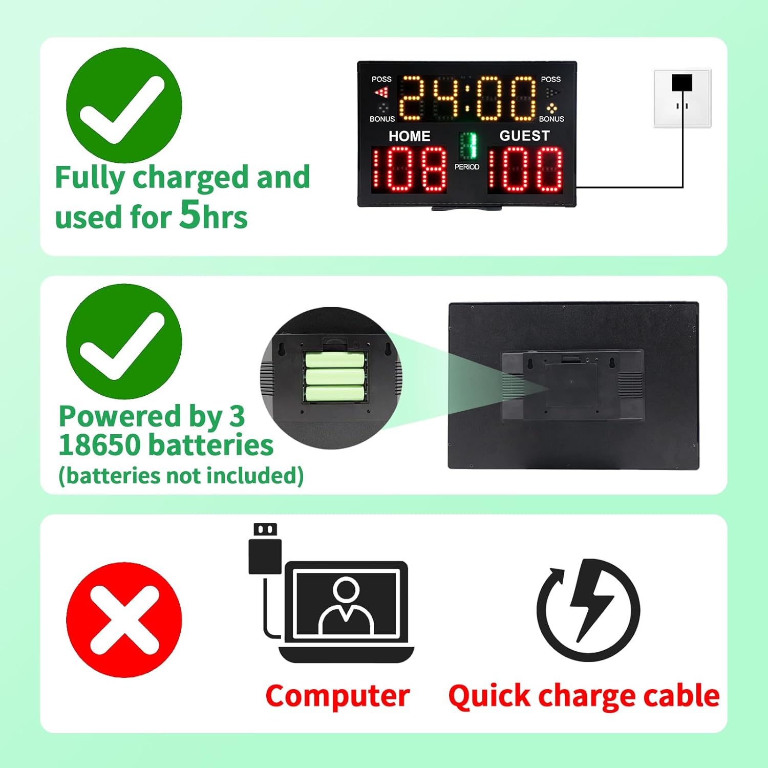 Ousmile Digital Scoreboard power options: battery and AC adapter.