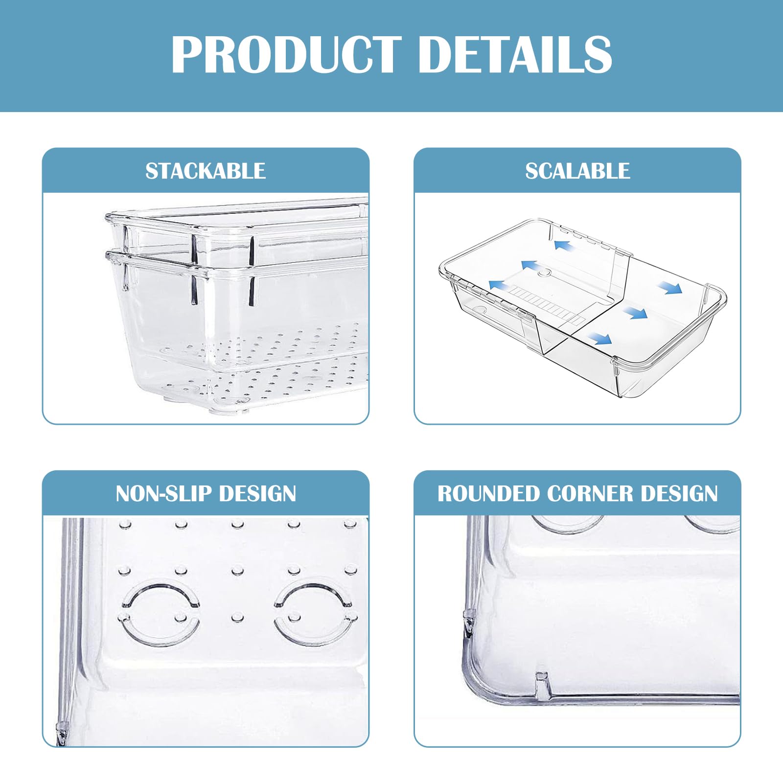 15 organizer per cassetti estensibili, trasparenti, regolabili, organizer per cassetti da scrivania, bidoni in acrilico per trucchi, cosmetici, utensili da cucina e ufficio