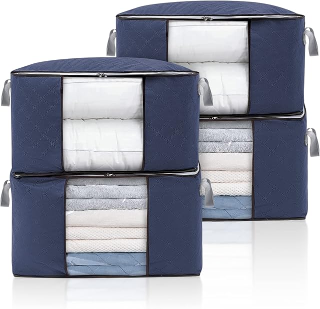 Newthinking 4 Pack Large Capacity Clothes Storage Bags Organiser with Zips, Reinforced Handles Thick Fabric Foldable Anti-Mold Moistureproof Closet Storage Boxes for Comforters, Blankets