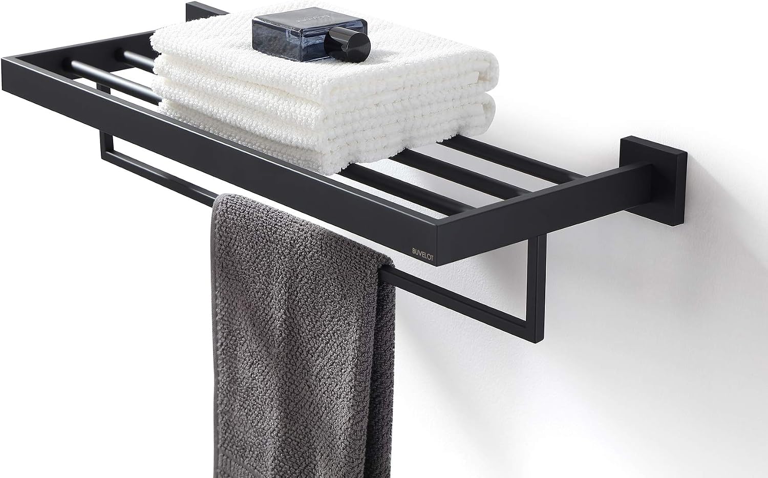 Towel Rack, Towel Shelf for Bathroom, Square Modern Hotel Style Towel Rack with Shelf, 24Inch, Matte Black, Wall Mounted, No Assembly, 071100-MB Les Series
