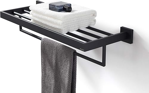 Miniatura 4 de Toallero, toallero para baño, toallero cuadrado moderno estilo hotel con estante, 24 pulgadas, negro mate, montado en la pared, sin montaje, serie