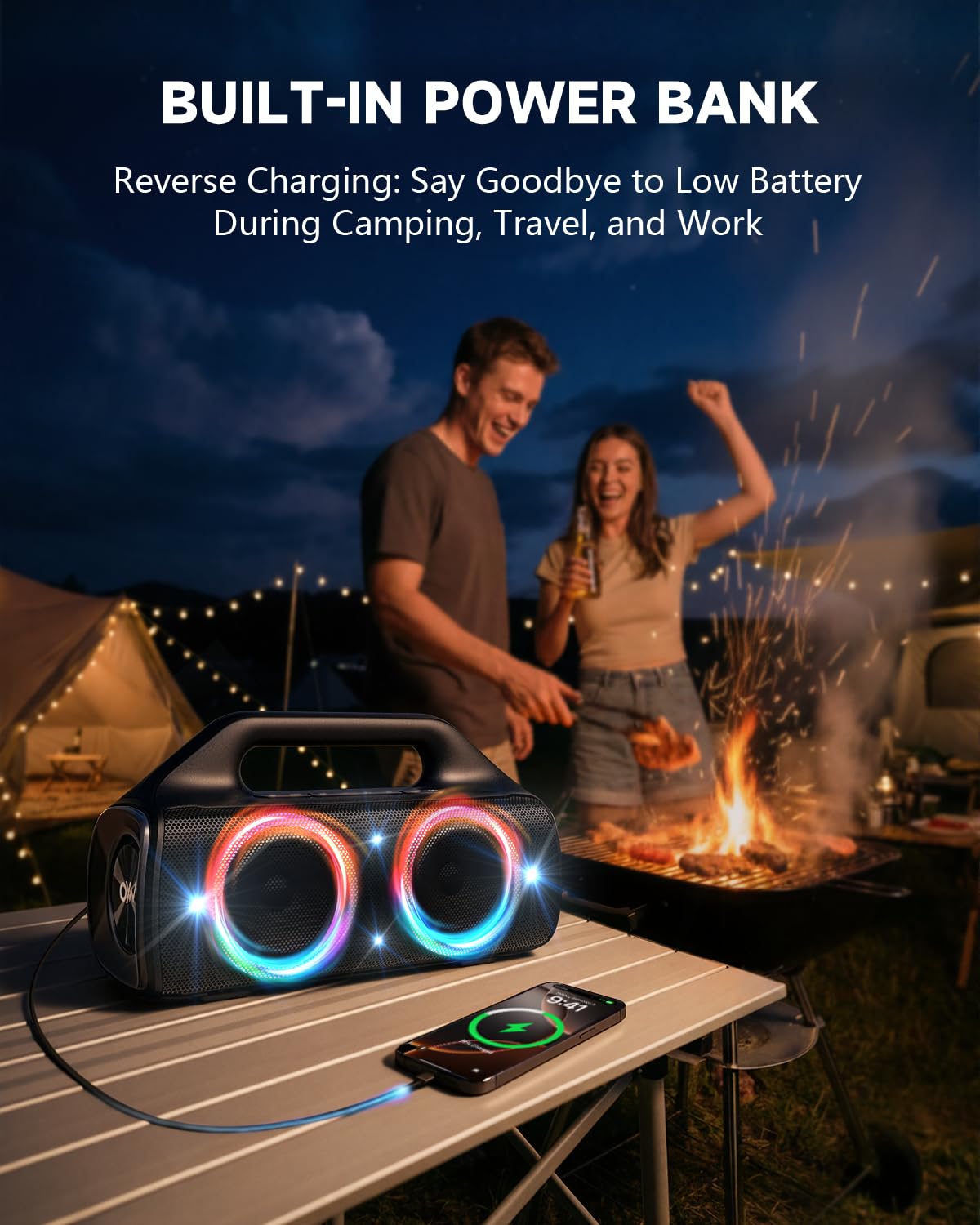 OYW IPX67 Waterproof Bluetooth Speaker:80W(Peak) Loud Outdoor Portable Wireless Party Speakers with LED Lights,20H Playtime,Bluetooth 5.3,Deep Bass & TWS for Pool,Beach — view 6
