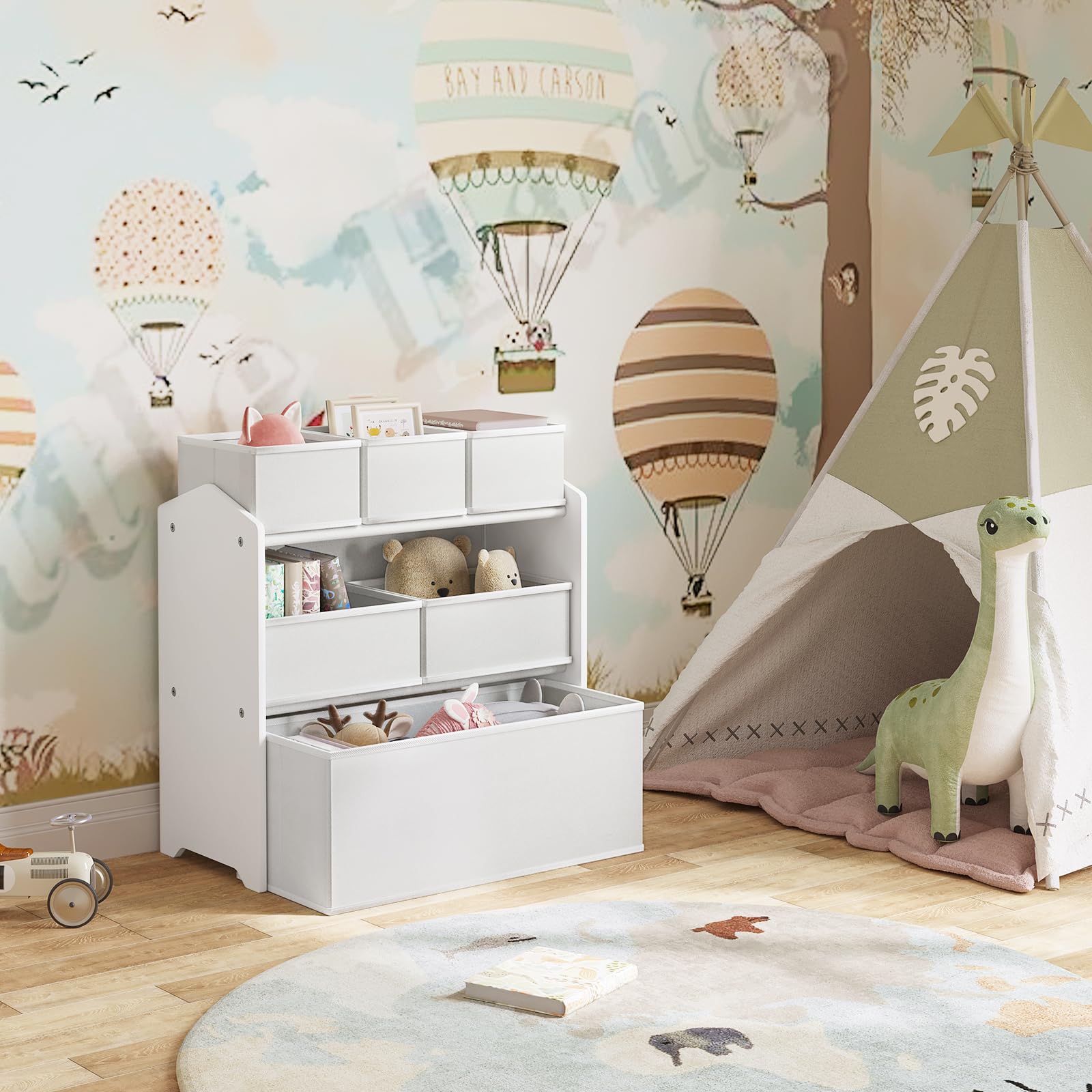 Lestarain Kinderregal mit 9 Aufbewahrungsboxen, Spielzeugregal, Regal Kinderzimmer Spielzimmer, Kinderregal, 92x60x30 cm, Weiß