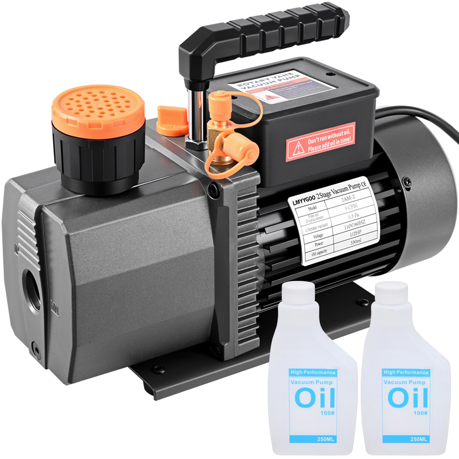 Industrielle zweistufige Vakuumpumpe, 5 CFM, 1/2 PS, auslaufsicher, für R134a/R410a/R32-Systeme, HVAC Auto-AC-Reparatur mit 2 x 250 ml Ölflaschen, 20 Mikron Ultimate Vacuum