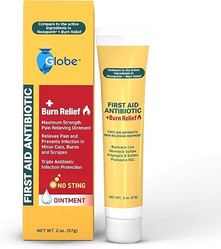 Globe First Aid Antibiótico Burn Relief, ungüento antibiótico triple de máxima fuerza para protección contra infecciones 24 horas, 2 onzas